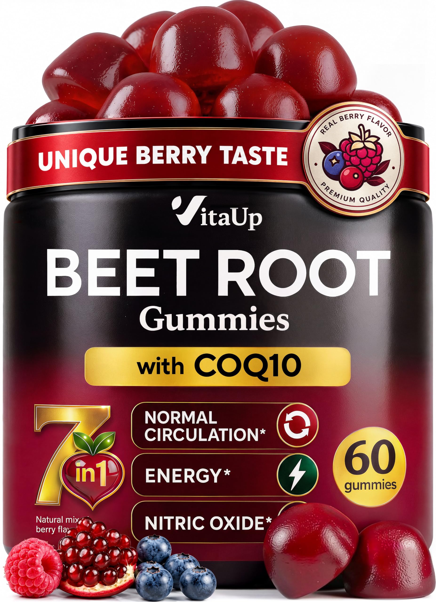 VitaUp Beet Root Gummies – Beetroot Gummies with CoQ10, Grape Seed, Vitamin C, B12 &amp; B3 – Beets Gummies for Circulation Support – Beet Supplement for Energy &amp; Immune Support – 60 Beets Chews