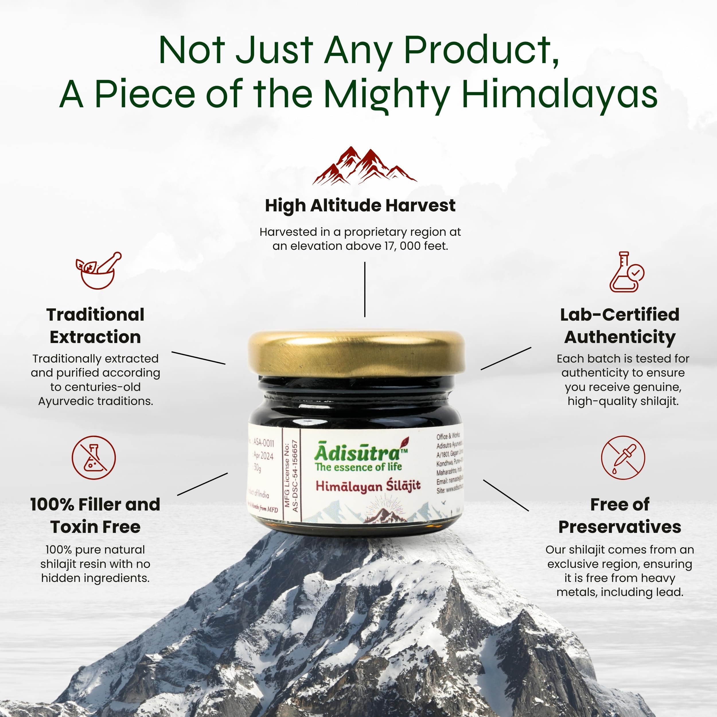 Żywica Adisutra Shilajit/Shilajeet 30 g | 500 mg na porcję – 60 porcji | dla zdrowia mózgu, energii i witalności | Przebadana laboratoryjnie przez Eurofins, zawiera aż 76,7% kwasu fulwowego | 100% ocz