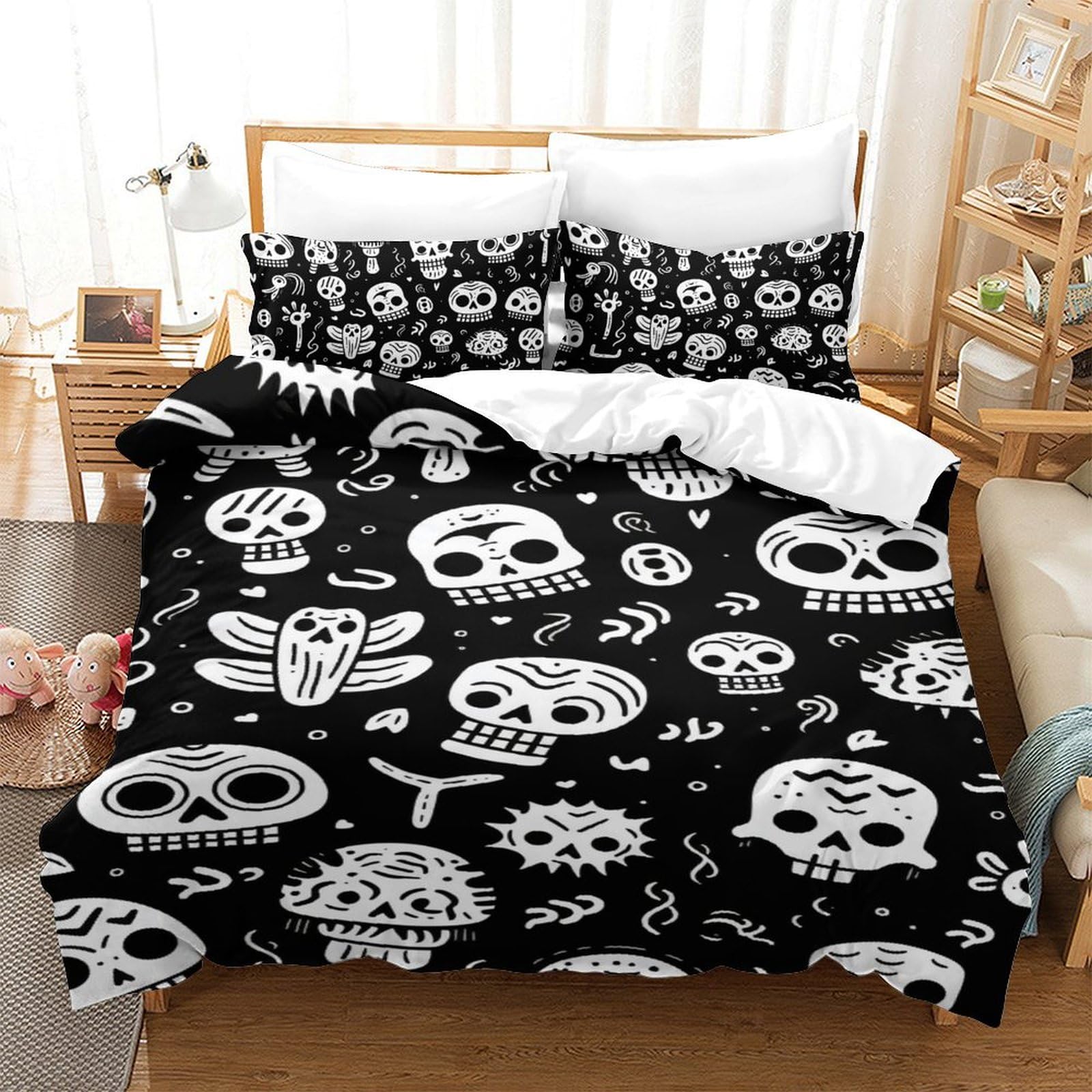 Parure de lit crâne 3D housse de couette en microfibres 140x200cm pour lit simple ado et adulte