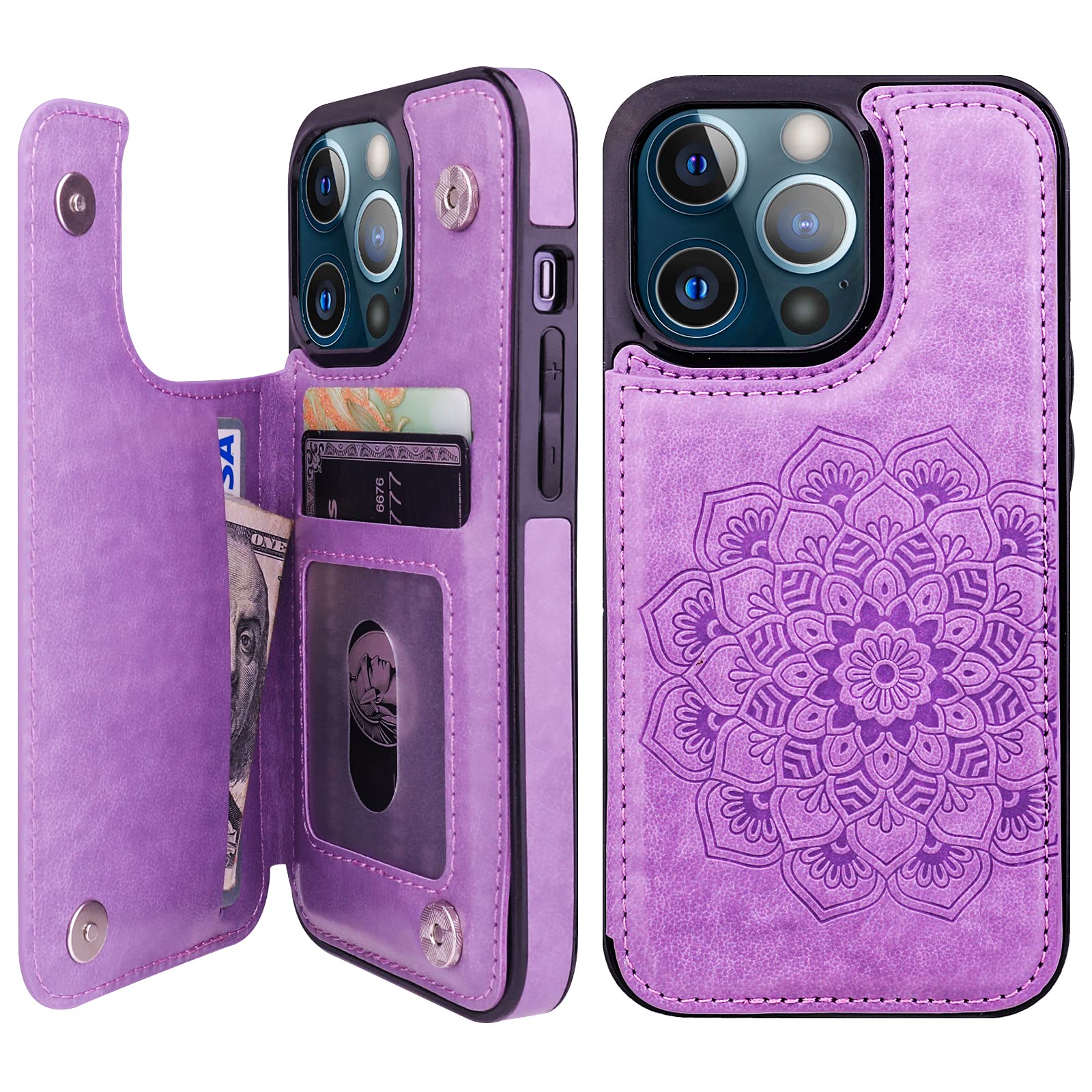 VabursCompatible with iPhone 13 Pro Case Wallet with Card Holder, Embossed Mandala Pattern Flower PU Leather Double Buttons Flip Shockproof Cover for Magnetic Car Mount 6.1 Inch (Purple)