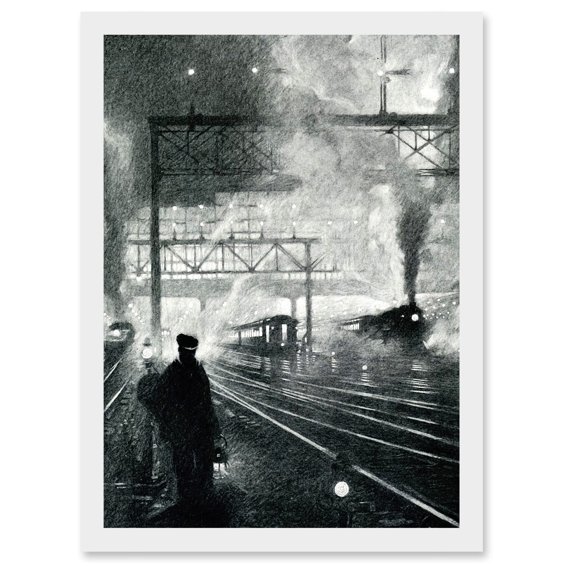 Wee Blue Coo Travel Railway Tracks 1912 Soot Steam Train Locomotive Drawing Moody Artwork Framed Wall Art Print A4