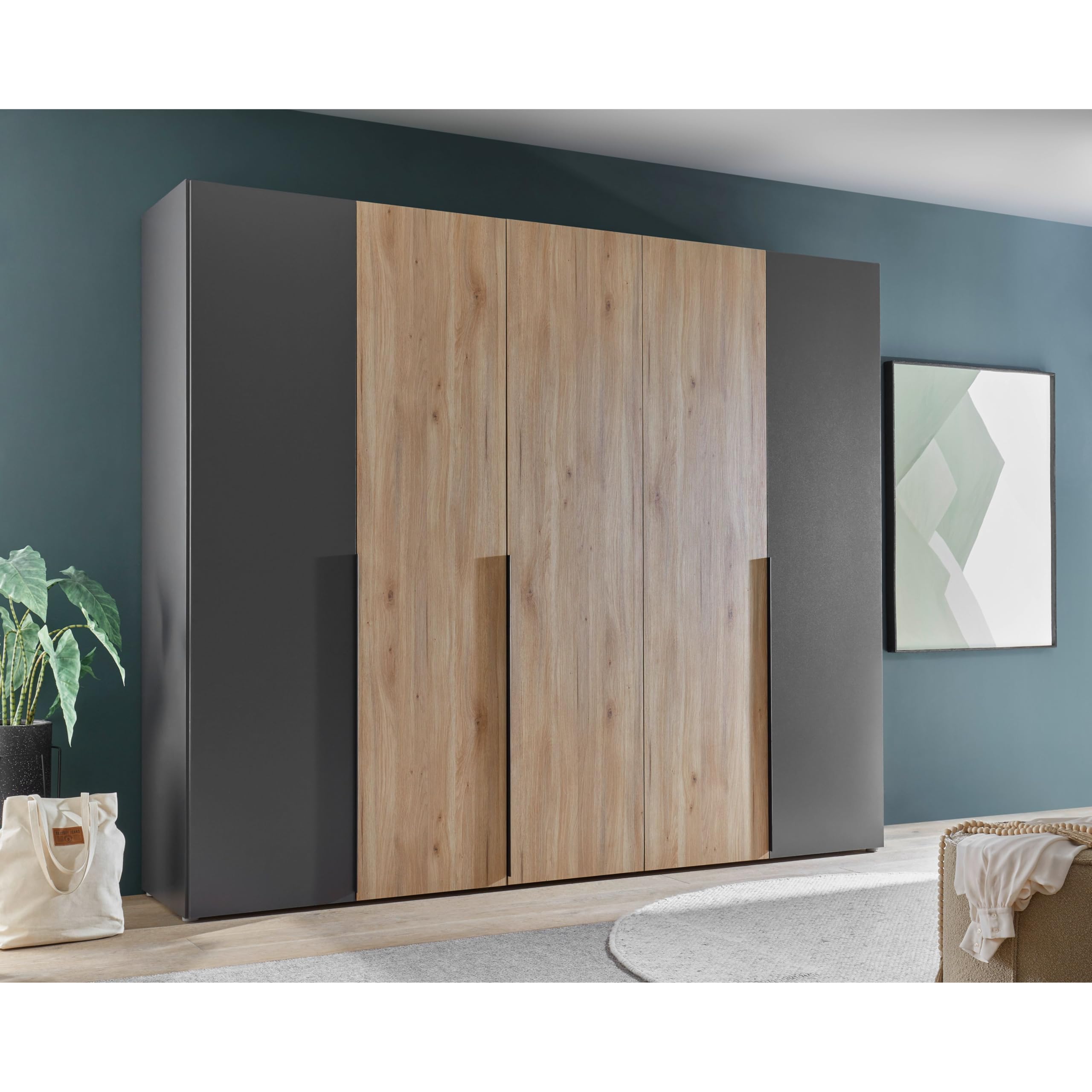 Stella Trading ASKA Kleiderschrank in Graphit, Mauvella Eiche Optik - Vielseitiger Drehtürenschrank 5-türig für Ihr Schlafzimmer - 249 x 210 x 53 cm (B/H/T)