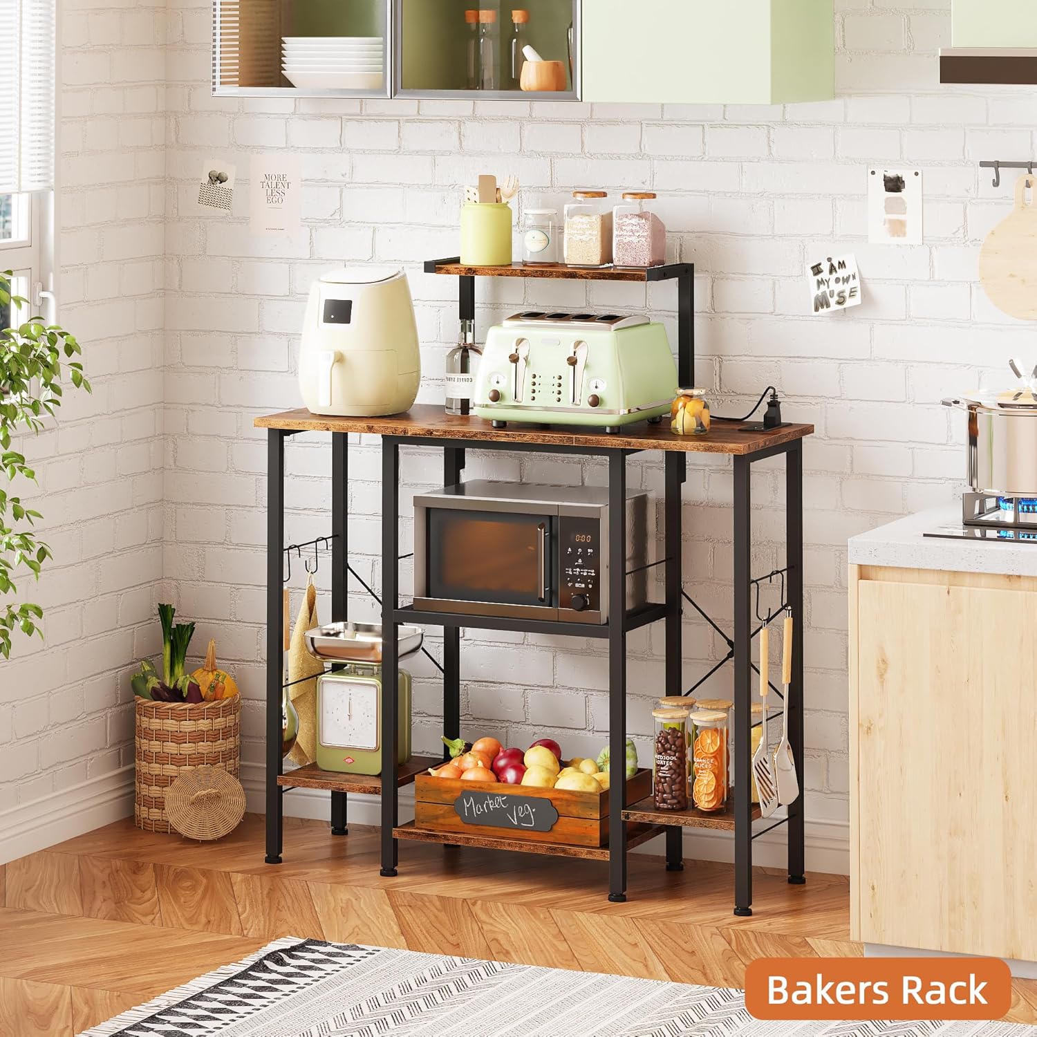 Bakers Rack with Power Outlet, Coffee Bar with 4 Hooks, 6 Tiers Microwave Stand with Storage, Freestanding Kitchen Appliance Organizer for Spices, Pots, Rustic Brown, 32" W