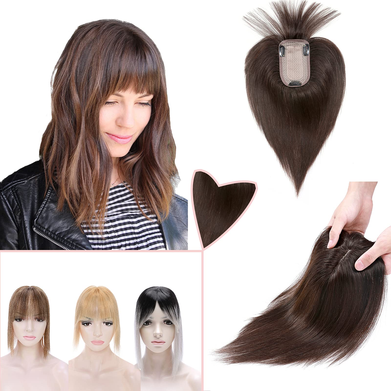 BenehairClip in Topper Hair Extension with Thin Bang 10inch Human Hair Hand Made Silk Base wiglets Straight Soft Hair Extension for Women Hair Loss Thinning Dark Brown #2