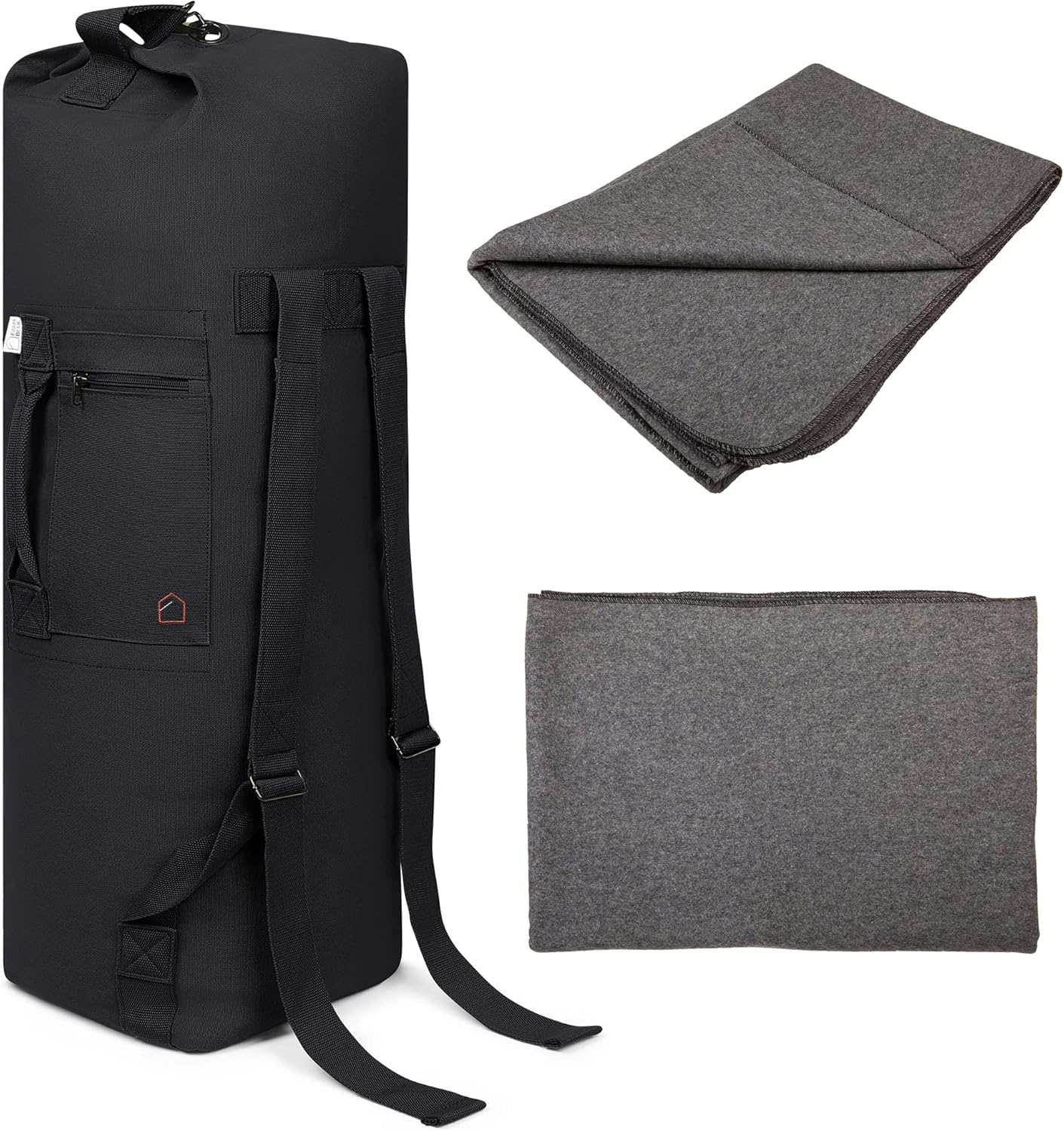 Military Duffle Bags + Camping Wool Blankets in Black Camo