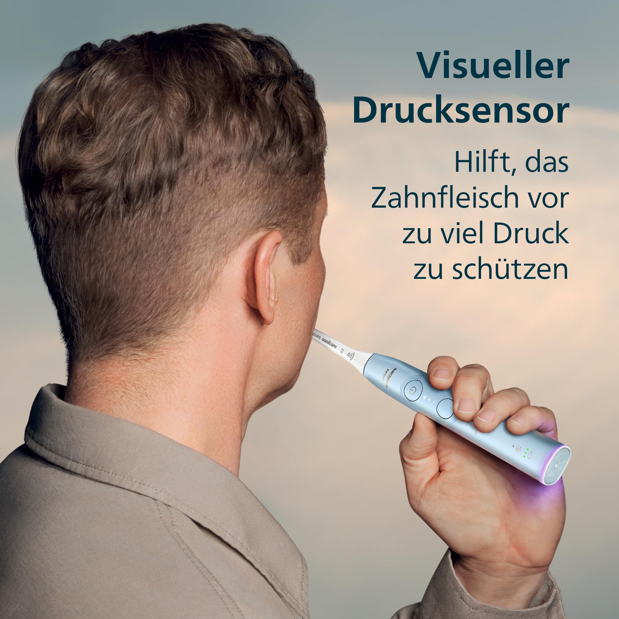 Philips Sonicare 6100 elektrische Zahnbürste, Schallzahnbürste mit 2 Putzmodi, 3 Intensitätsstufen, Andruckkontrolle, EasyStart, SmarTimer, BrushPacer, Hellblau, Modell HX7406/02 [Neue Technologie]