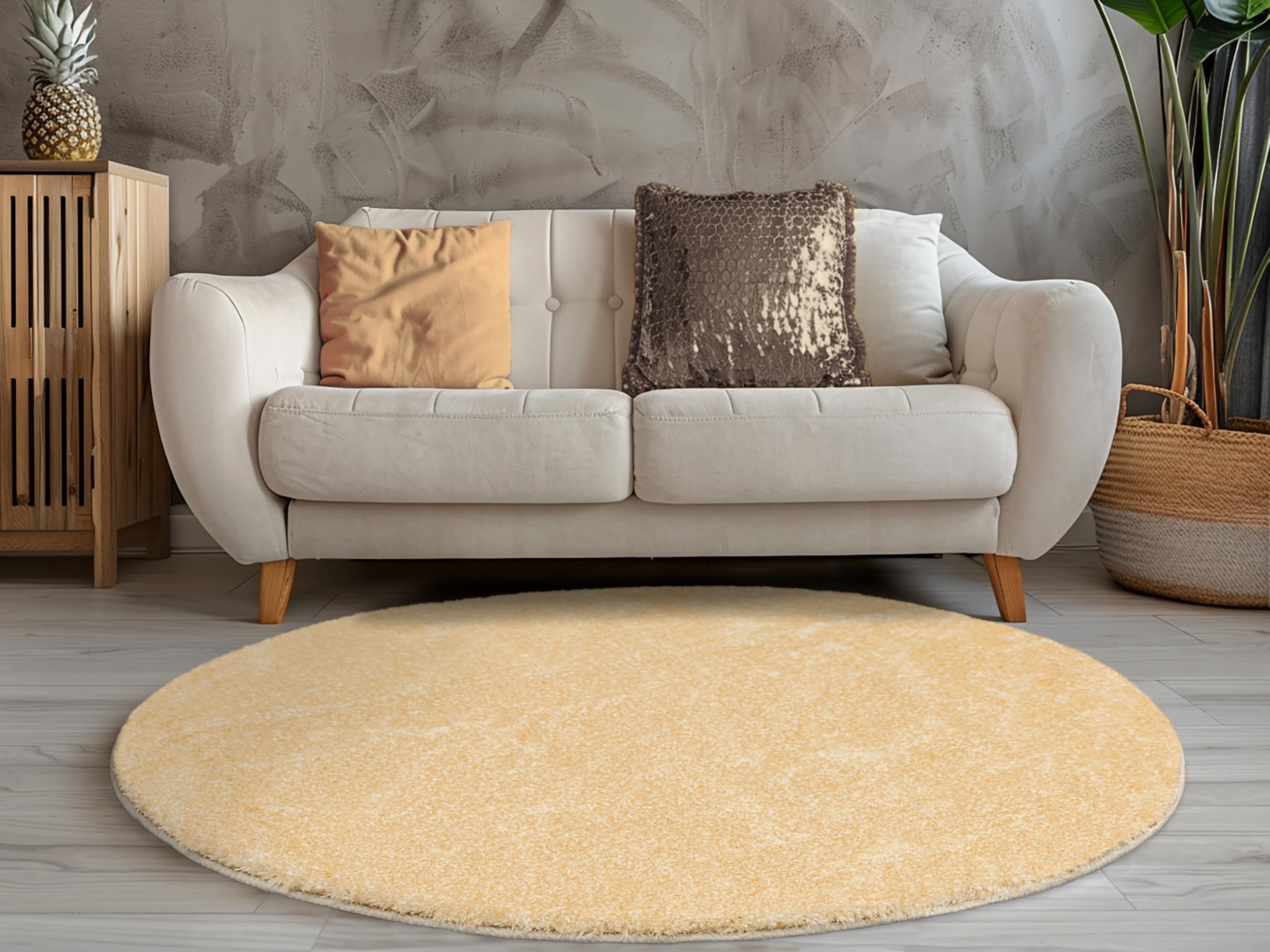 Malmo Beige Teppich mit Glanz Runden 100 cm Shaggy Badematten & Badteppiche Badezimmerteppich Bad Vorleger waschbar rutschfest Bathroom Rug dusche Teppich Badmatten Schlafzimmerteppich