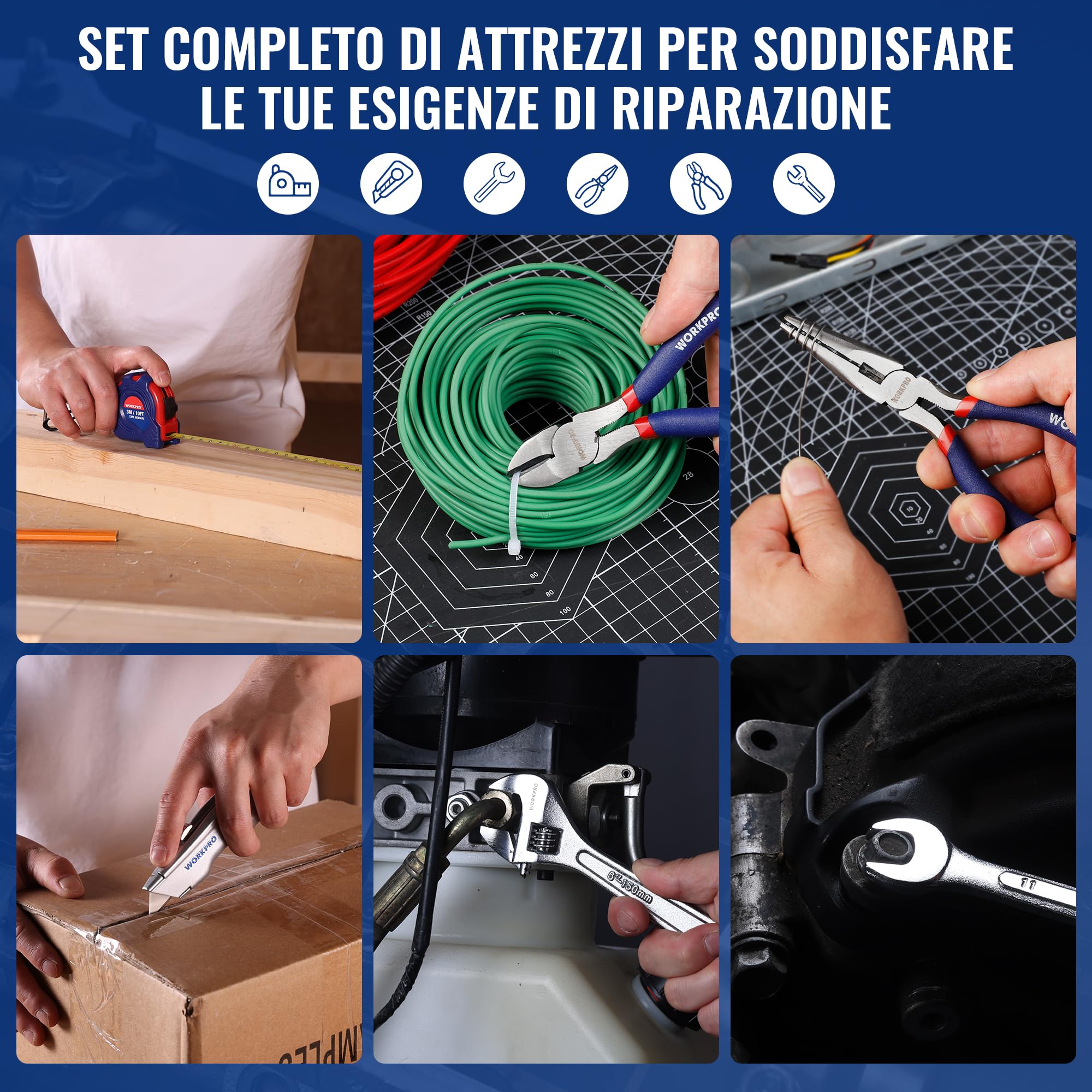 WORKPRO Kit di Attrezzi per la Casa 106 pezzi | Kit di Attrezzi Fai da Te con Custodia di Stoccaggio che Include Cacciaviti, Pinze, Chiavi, Martello, Metro a Nastro, Chiave Esagonale, Coltello