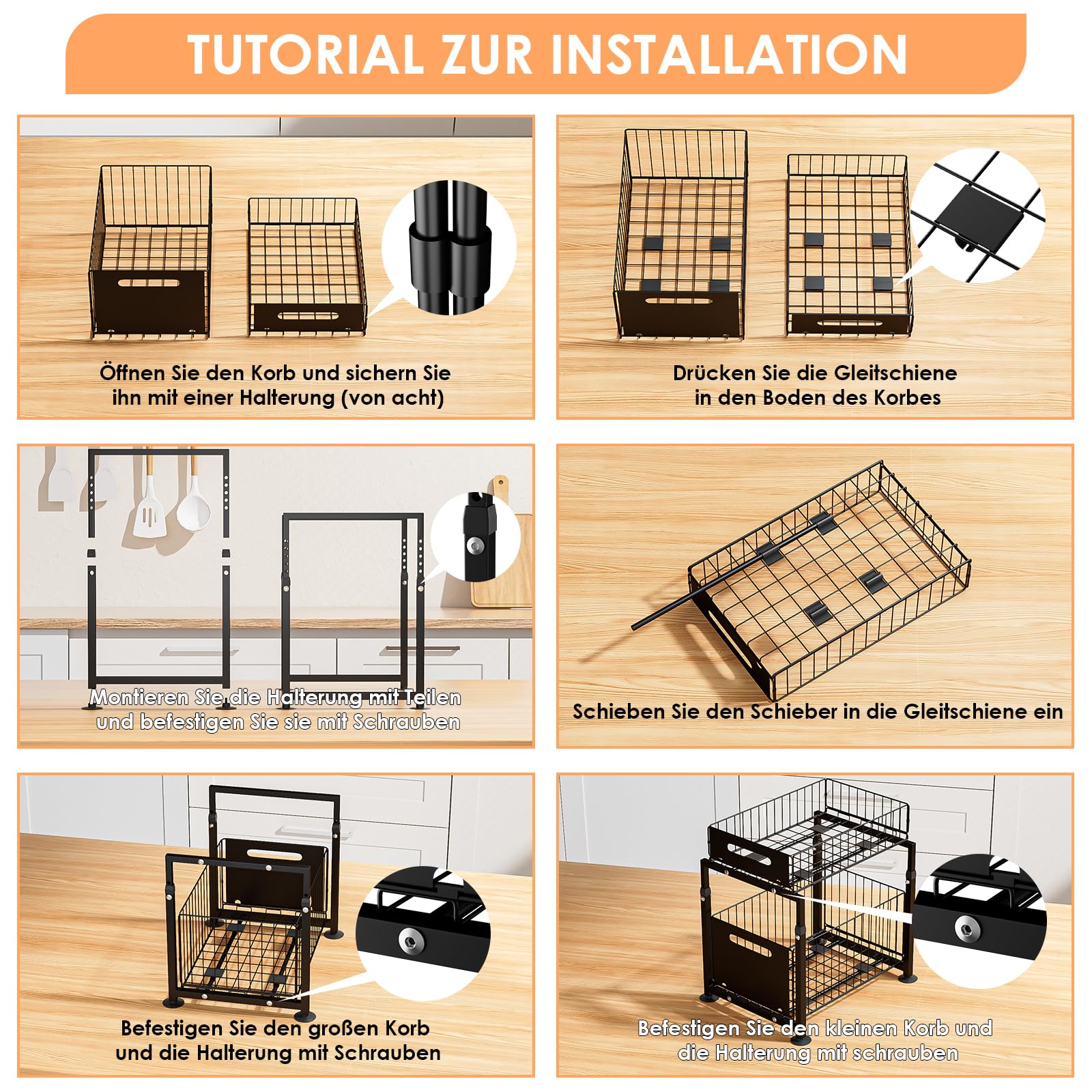 Dreamhigh® Küchenschrank Organizer Ausziehbar, Unterschrank Organizer mit Doppelschicht Teleskopschublade, Base Cabinet Organiser Küche Ausziehbar Höhenverstellbar, für Spüle & Bad (Schwarz)