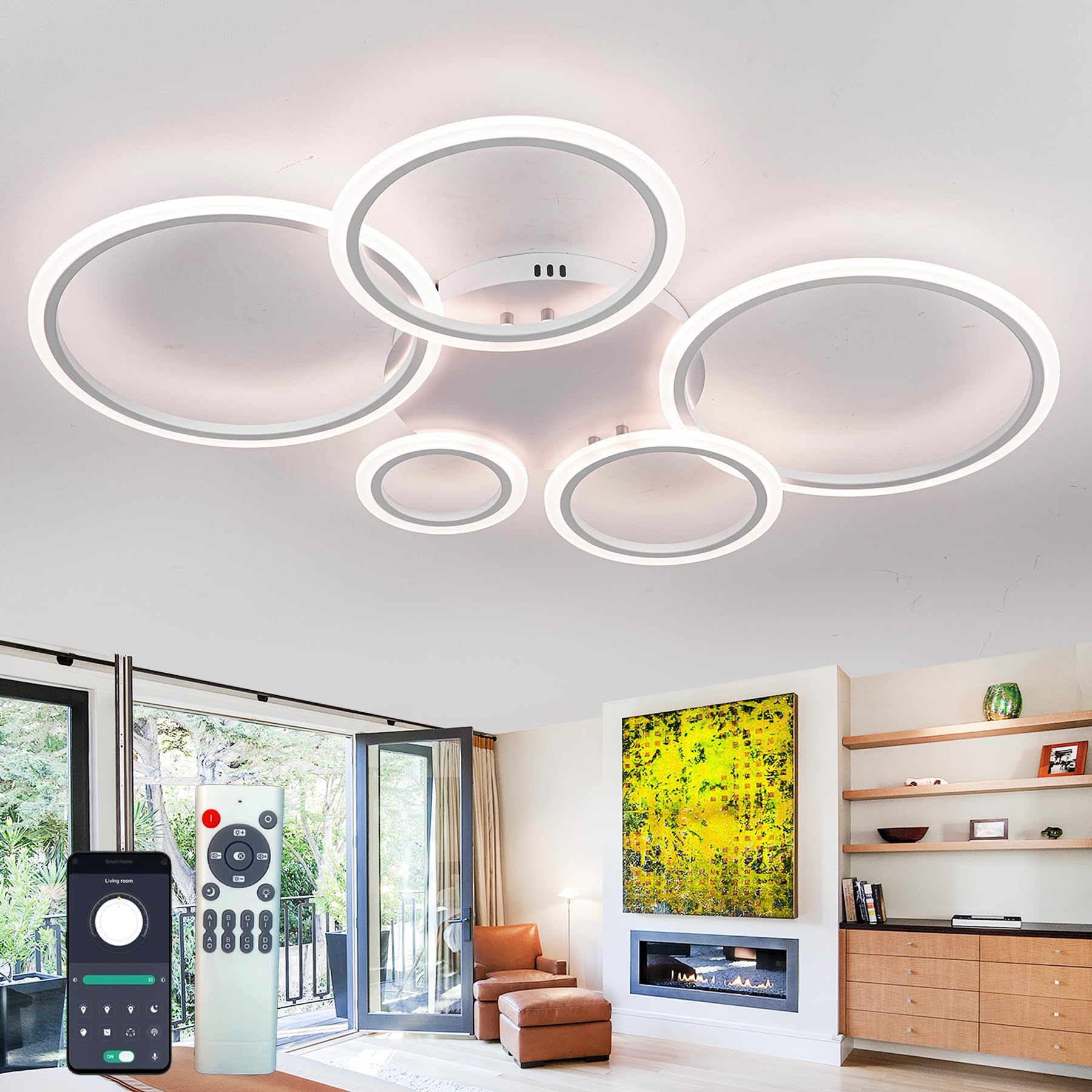 Rotondo Luce A Soffitto 100cm Moderno Smart Lampadario Tri-Color Led Dimmerabile Funzione Di Memoria Lampada Da Soffitto Con App E Telecomando 57w Luminoso Ciondolo Soggiorno Sala Da Pranzo