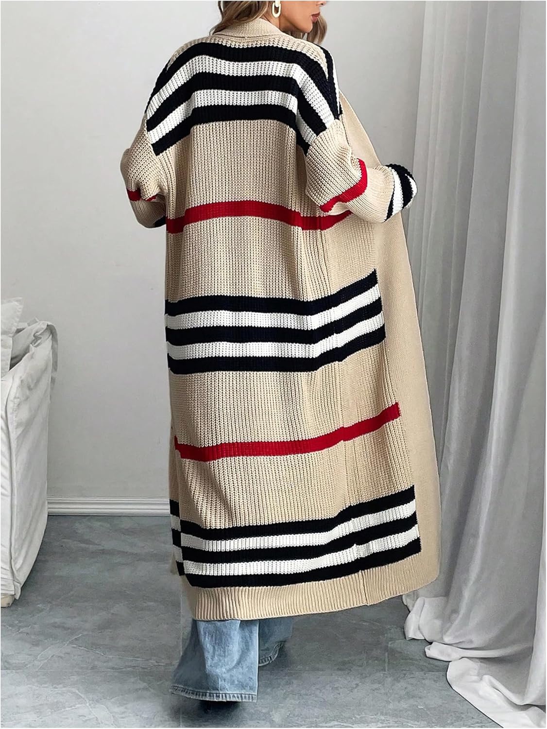 WDIRARA Women's Striped Open Front Long Cardigan Sweaters Colorblock Long Sleeve Knit Outerwear - Image 2