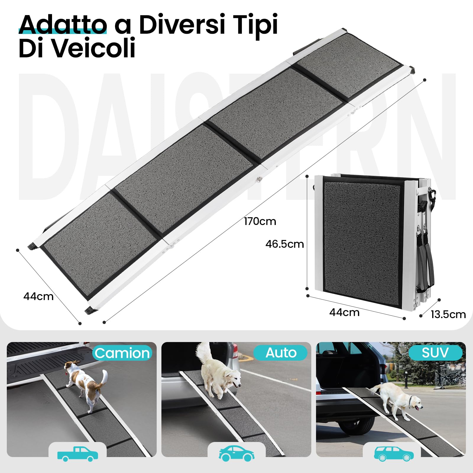 DAISTERN da BSWAY Rampa Auto per Cani Pieghevole 170cm x 44cm, Scaletta Pedana Auto Cane con Superficie Antiscivolo, Telaio Metallo Alluminio, Ideale per Auto SUV Camion Letto, Portata Massima 129KG