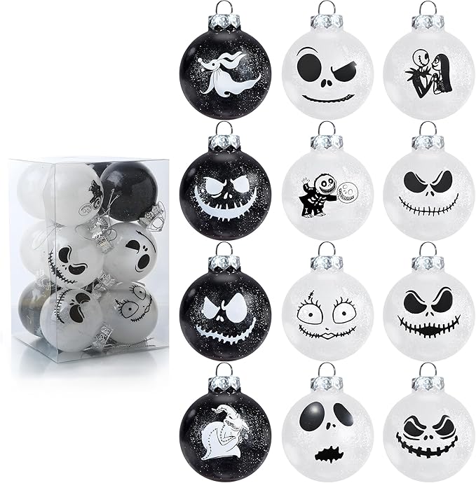 12Pcs Nightmare Christmas Ball Ornaments Set, Skull Pattern Jack White and Black Xmas Tree Decorations, Plastic Shatterproof Hanging Balls Halloween Decor (2.36”/60mm)