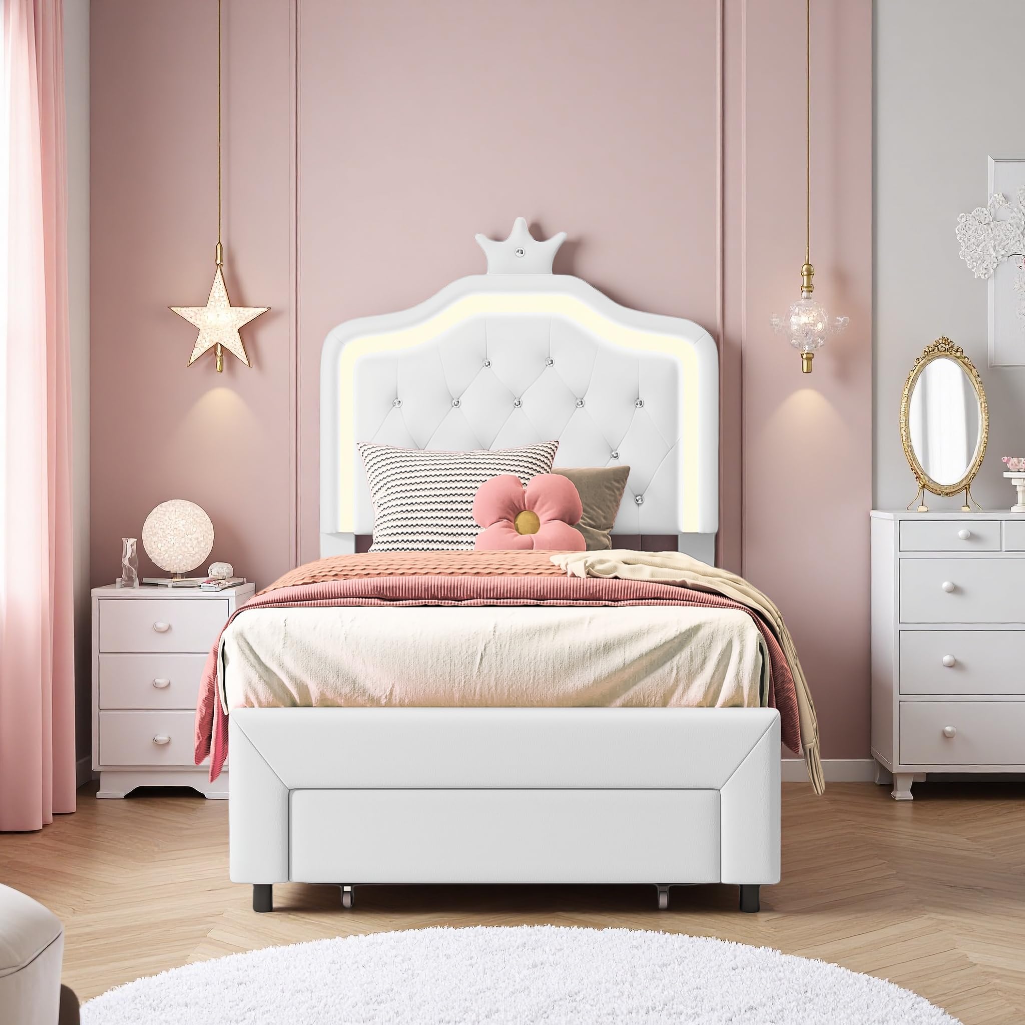 Cama Infantil 90x200 cm, Cama de Princesa con cabecero LED Corona, Camas Individuales Acolchadas con Somier de Láminas, Estructura de Cama para Niña con cajón, Camas de 1 Plaza para Niña