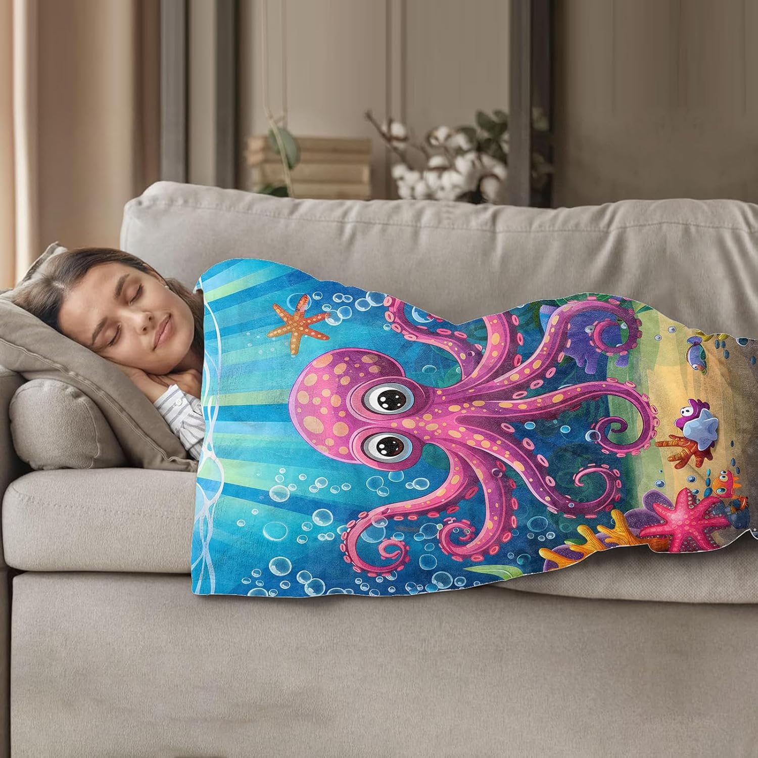 Cute Octopus Throw Blanket 50"x60", Underwater Cartoon Theme Blankets for Living Room Couch, Home, Sofa Decor, Soft Flannel Octopus Gifts for Women