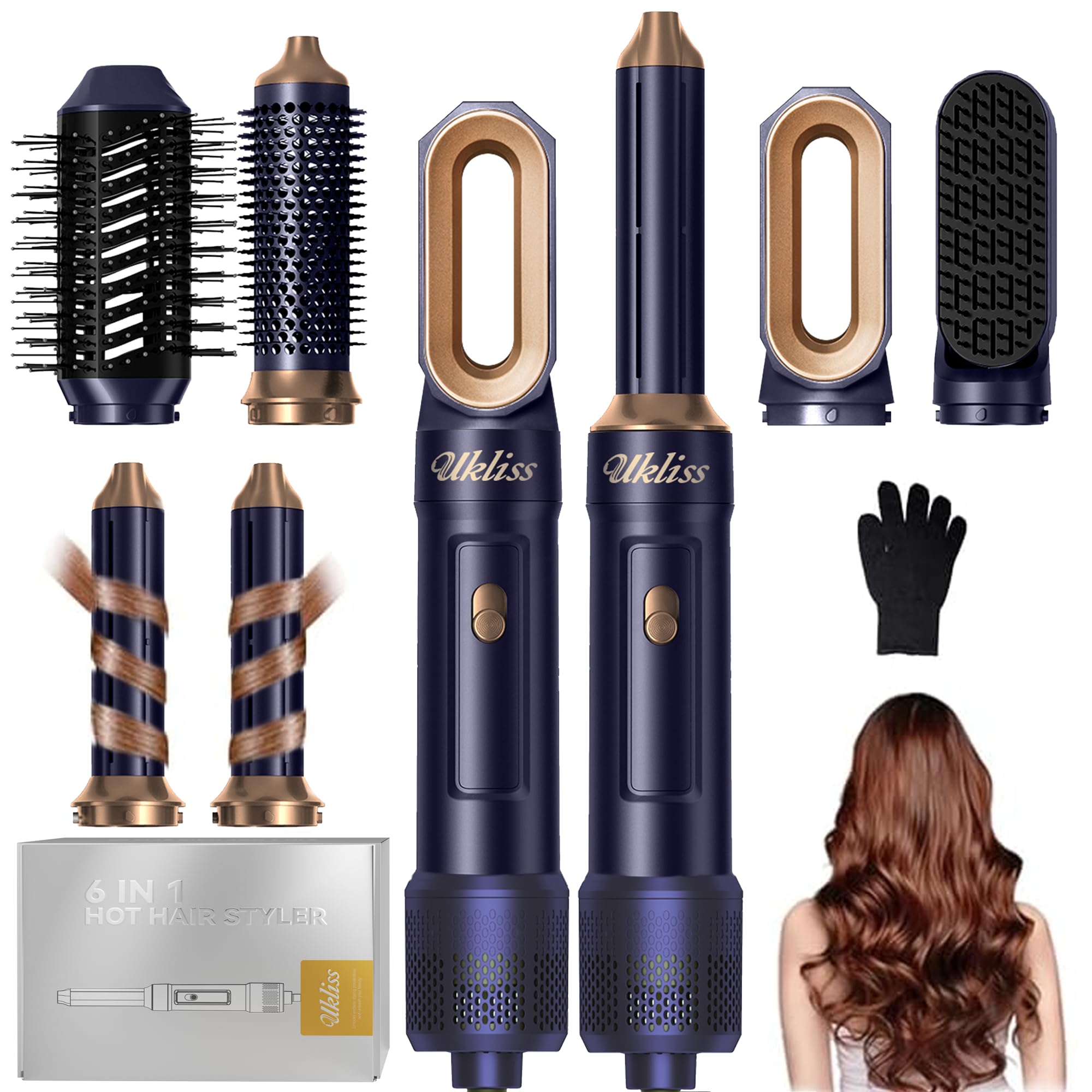 UKLISS 6 in 1 Hairstyler, Haarstyler & Haartrockner Set mit Warmluft Lockenbürste Automatisch, Hair Dryer, Rundbürstenföhn, Warmluftbürste, Haarföhn, Geschenke für Frauen Haarstyling - Pro Blau