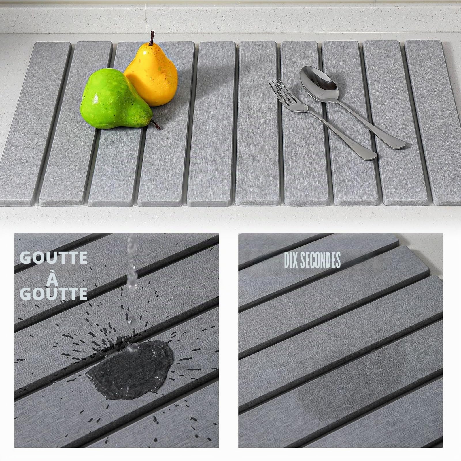 Tapis d'égouttement de vaisselle, 40 × 30 cm, pliable, en pierre de séchage, pour évier, terre de diatomée absorbant l'eau, pour cuisine, salle de bain, cuisine (gris foncé)