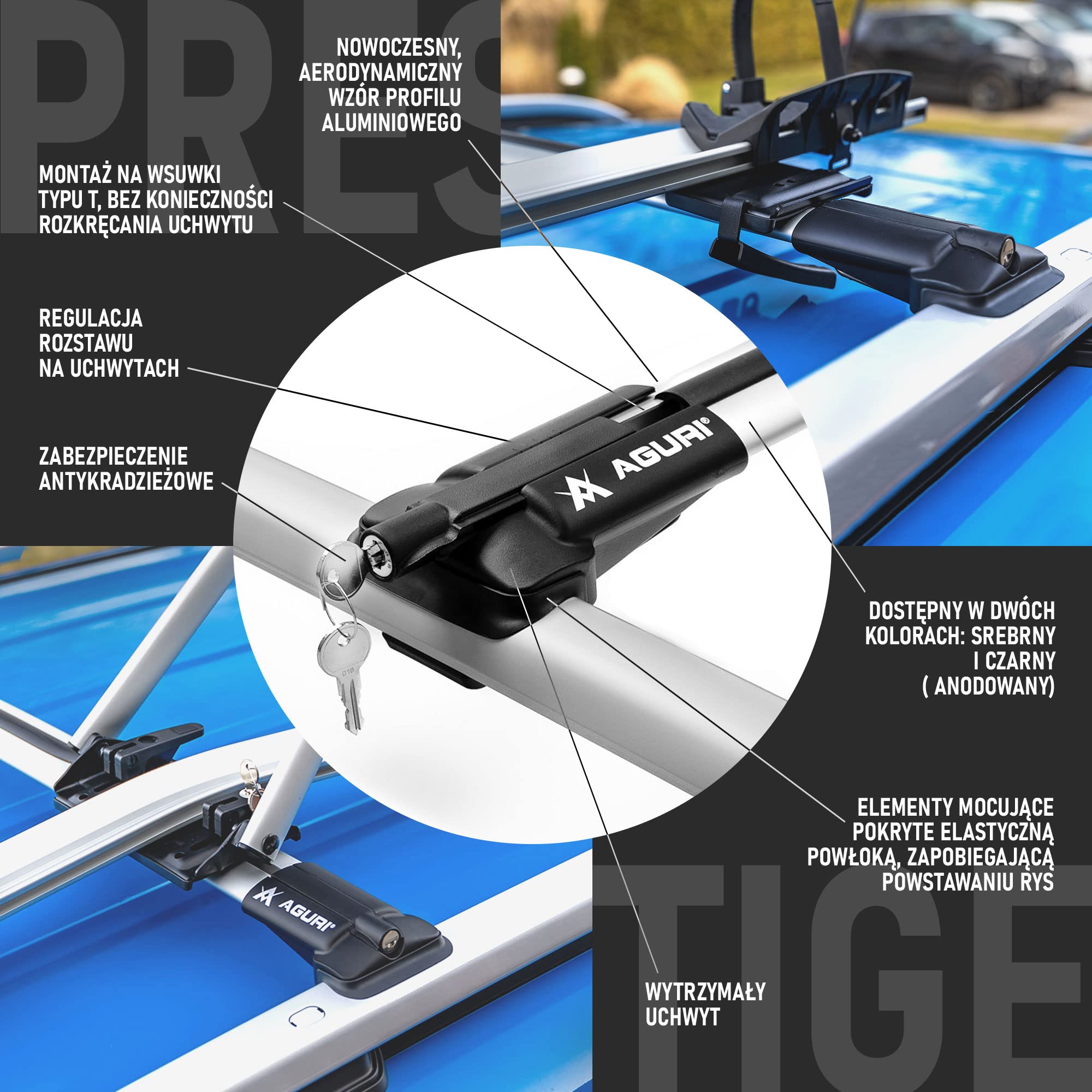 AGURI Prestige II | Kompatybilny z Volkswagen Golf Alltrack 2015+ | Bagażnik Dachowy, Belki Dachowe | Służy do Montażu Boksu Dachowego, Uchwytu Rowerowego, Drabiny | Konstrukcja z Aluminium | TÜV