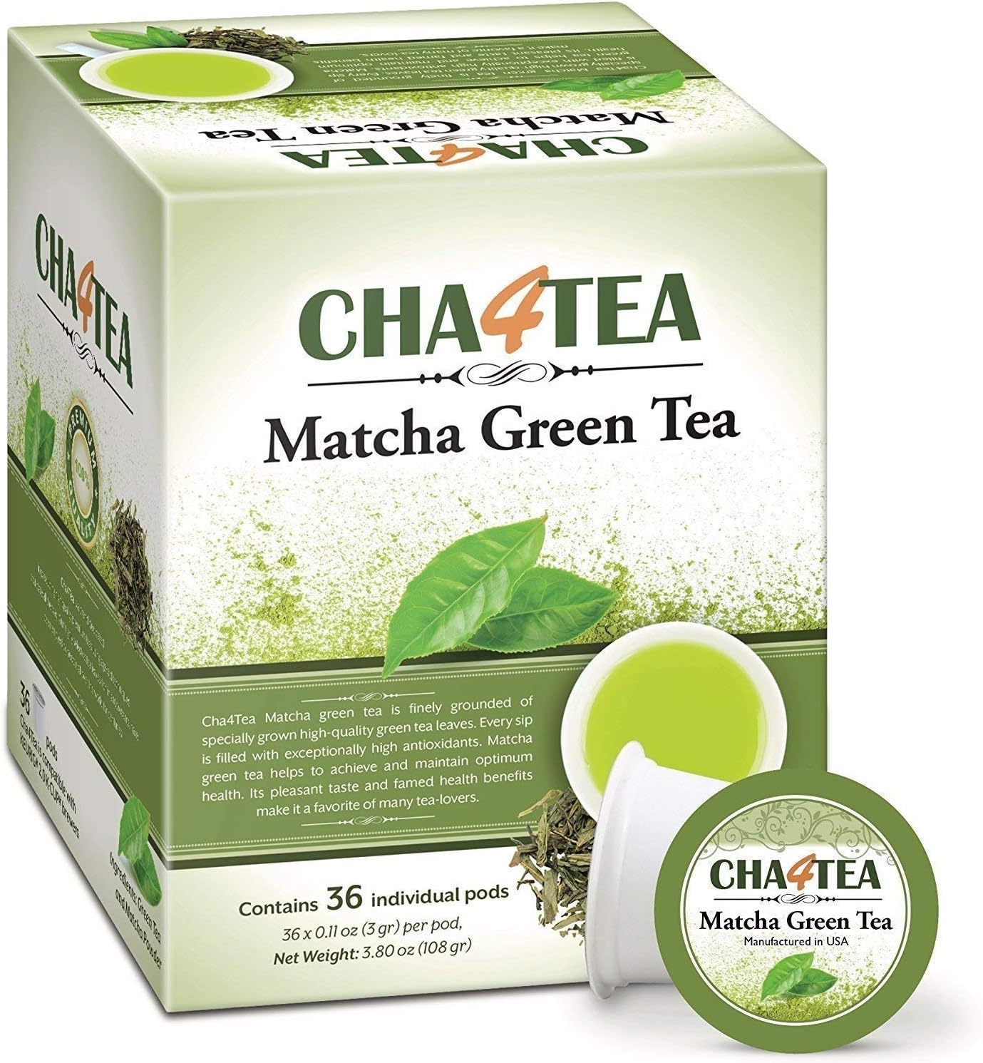 Cha4TEA Matcha Green Tea Pods for Keurig KCup Brewers, 36Count