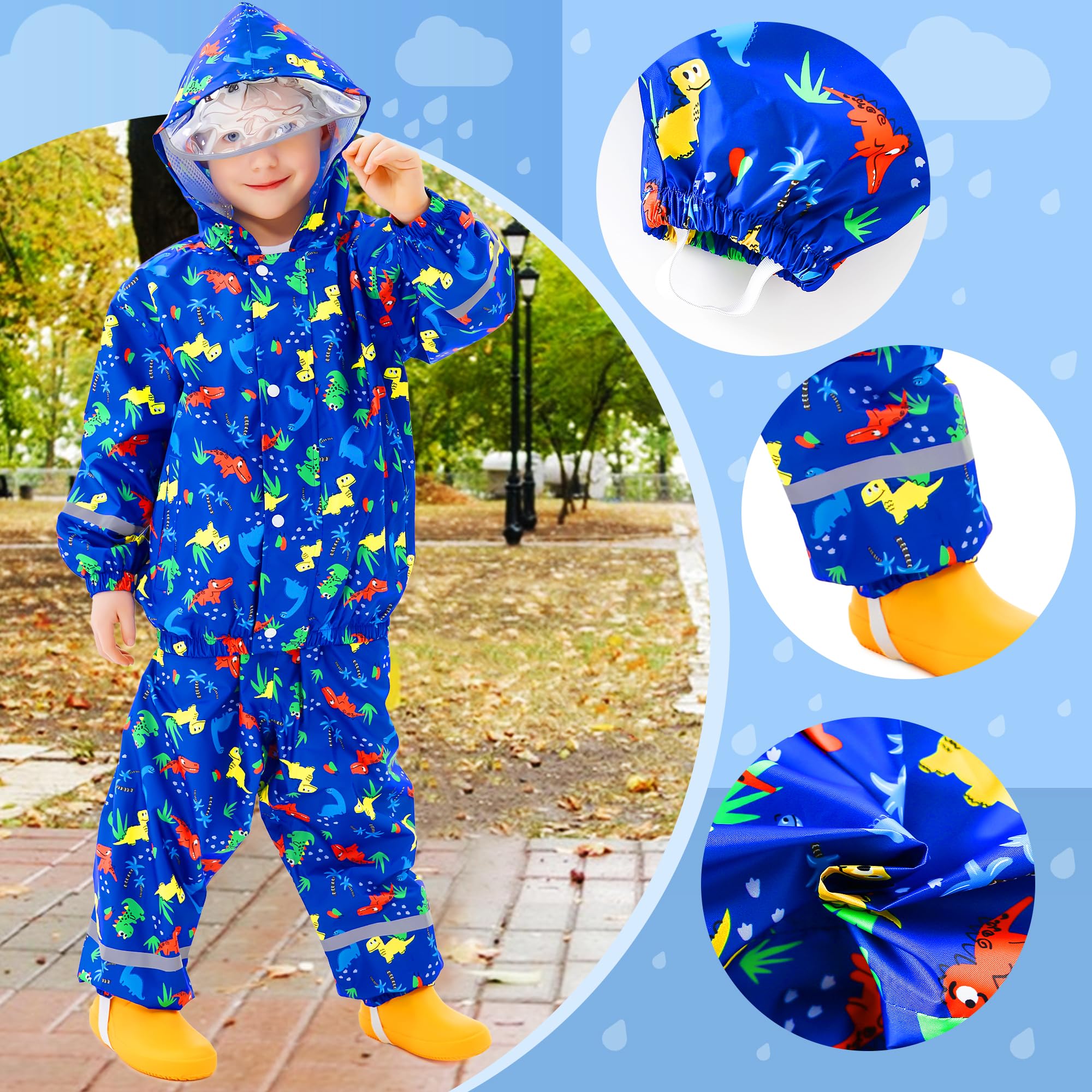 Chubasquero Niño Niña Impermeable con Capucha y Reflectante Ligero Chaqueta Lluvia & Pantalones Traje Estampado Impermeable Traje de Lluvia Reutilizable Abrigos para Infantiles 1-7 años
