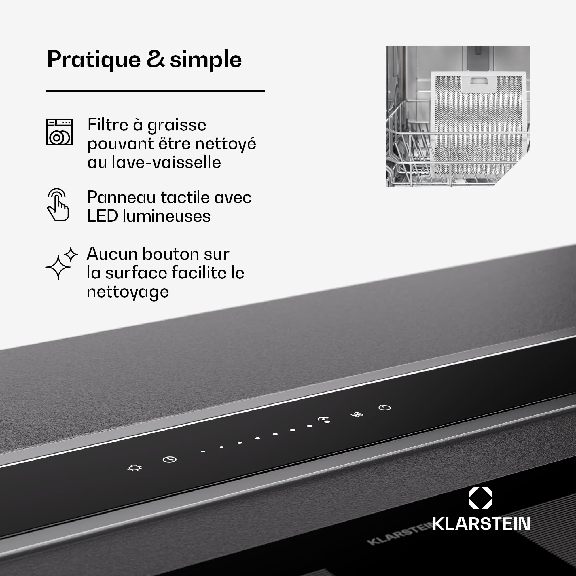 Hotte aspiration descendante Klarstein 60 cm, hotte aspirante escamotable évacuation/air recyclé pour la cuisine, aspirante silencieuse sans tuyau, débit d'air 713