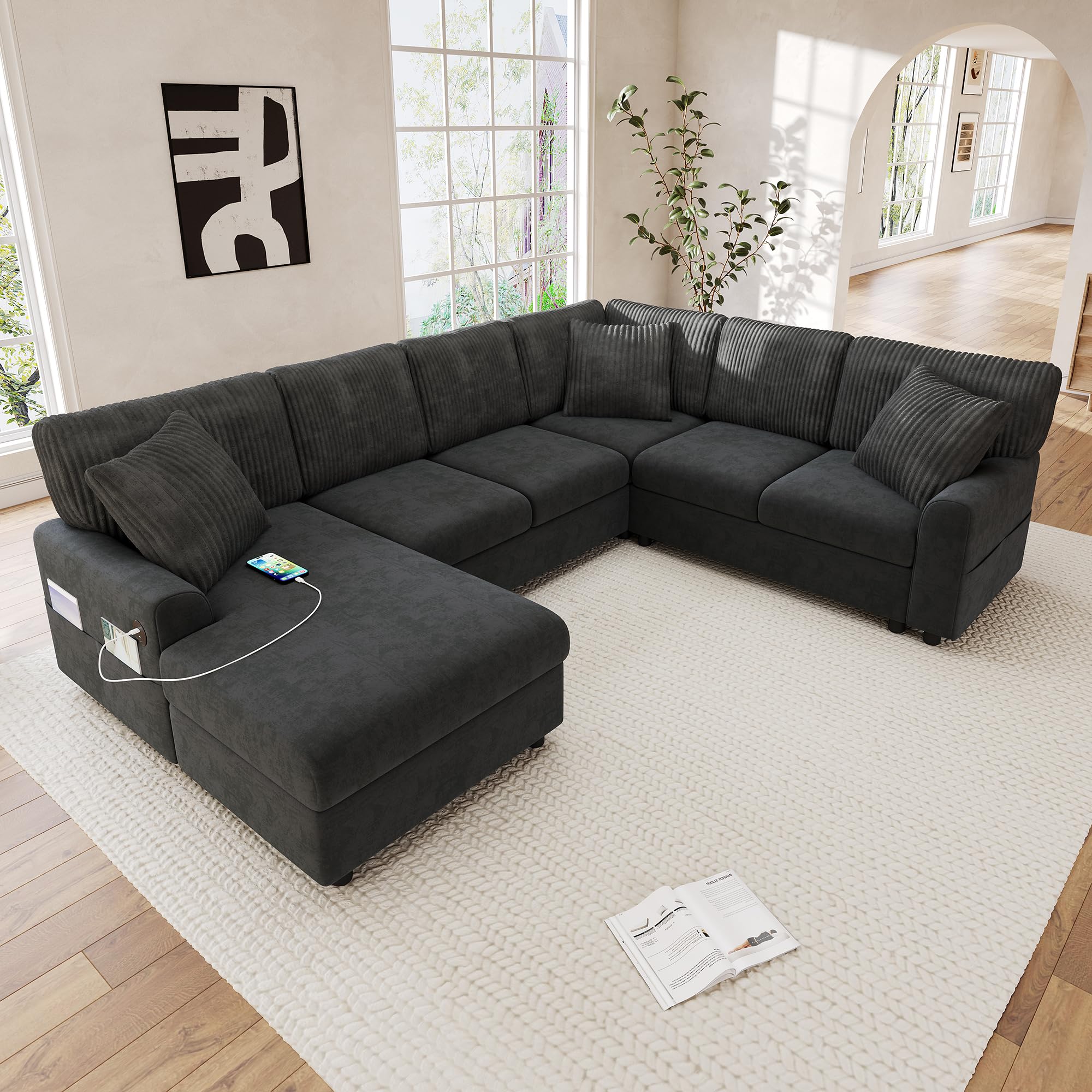 Sofa Rinconera en Forma de U, Puerto USB, 3 Cojines
