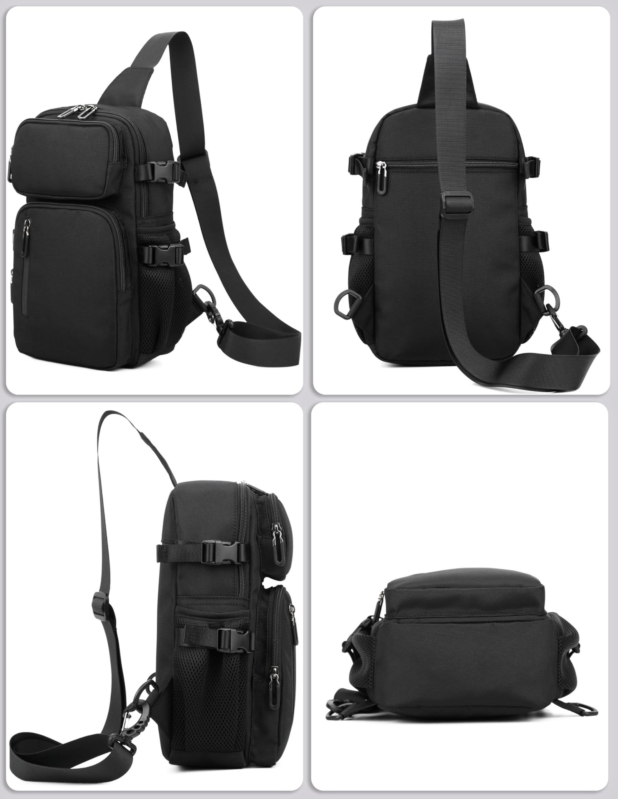 Zaino Monospalla sportivo da Uomo, Zainetto a Tracolla in nylon oxford resistente, Borsello a Petto con Tasca antifurto Crossbody Bag Nero