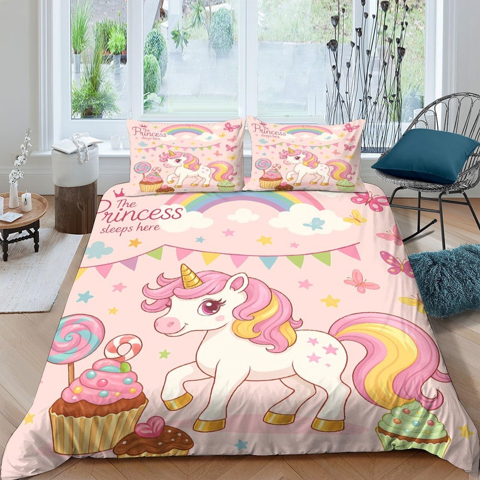 GPLZQXKJNH 3D Printed Pink Unicorn Duvet Cover Set Microfiber Soft Breathable Rainbow Bedding Set with 2 Pillowcases for Bedroom Decor Single（135x200cm）