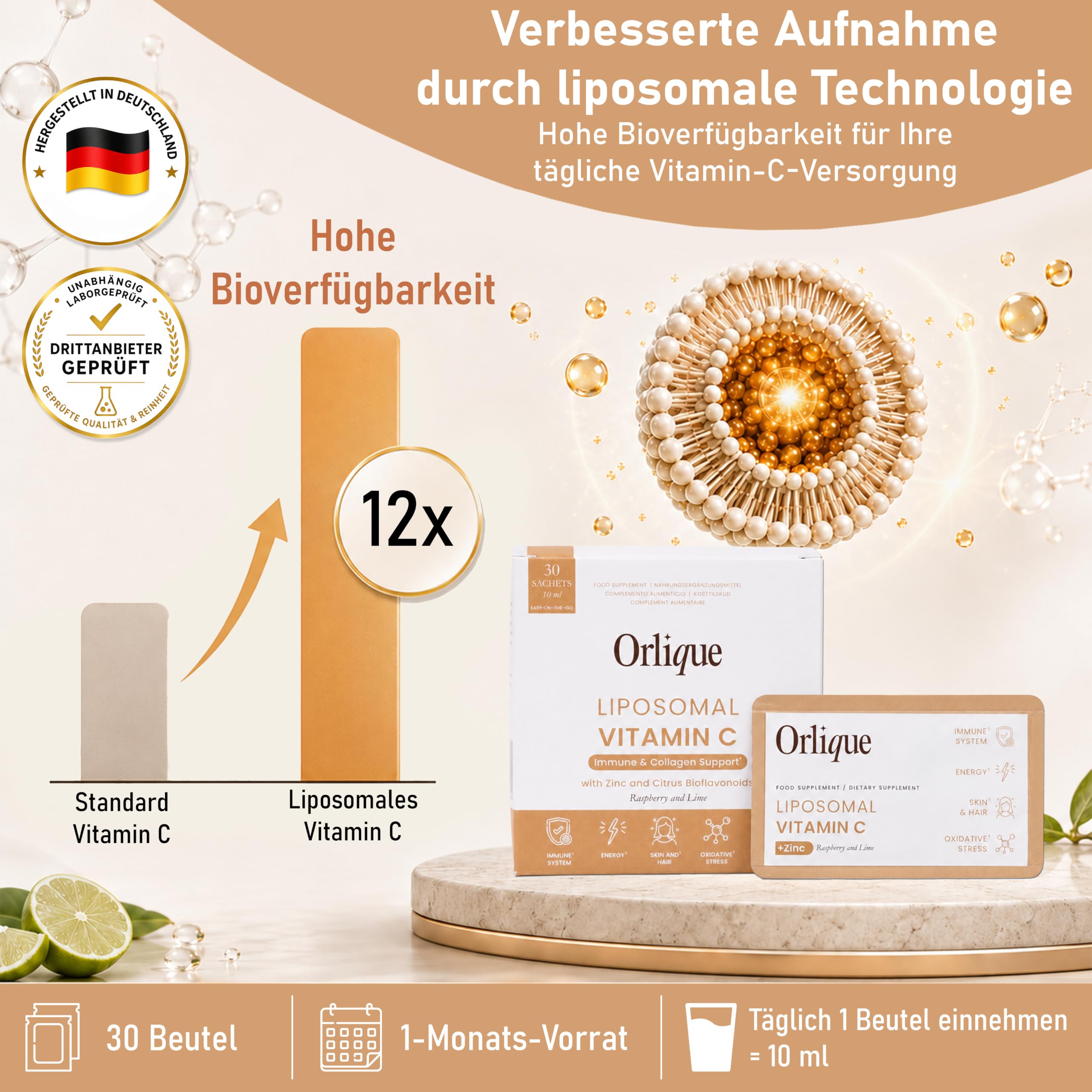 Liposomales Vitamin C 1000 mg Hochdosiert Flüssig Mit Zink & Bioflavonoiden - Hohe Bioverfügbarkeit Immunsystem Unterstützung - Vegan & Keto Geeignet - 30 Sachets - Soja- & Glutenfrei