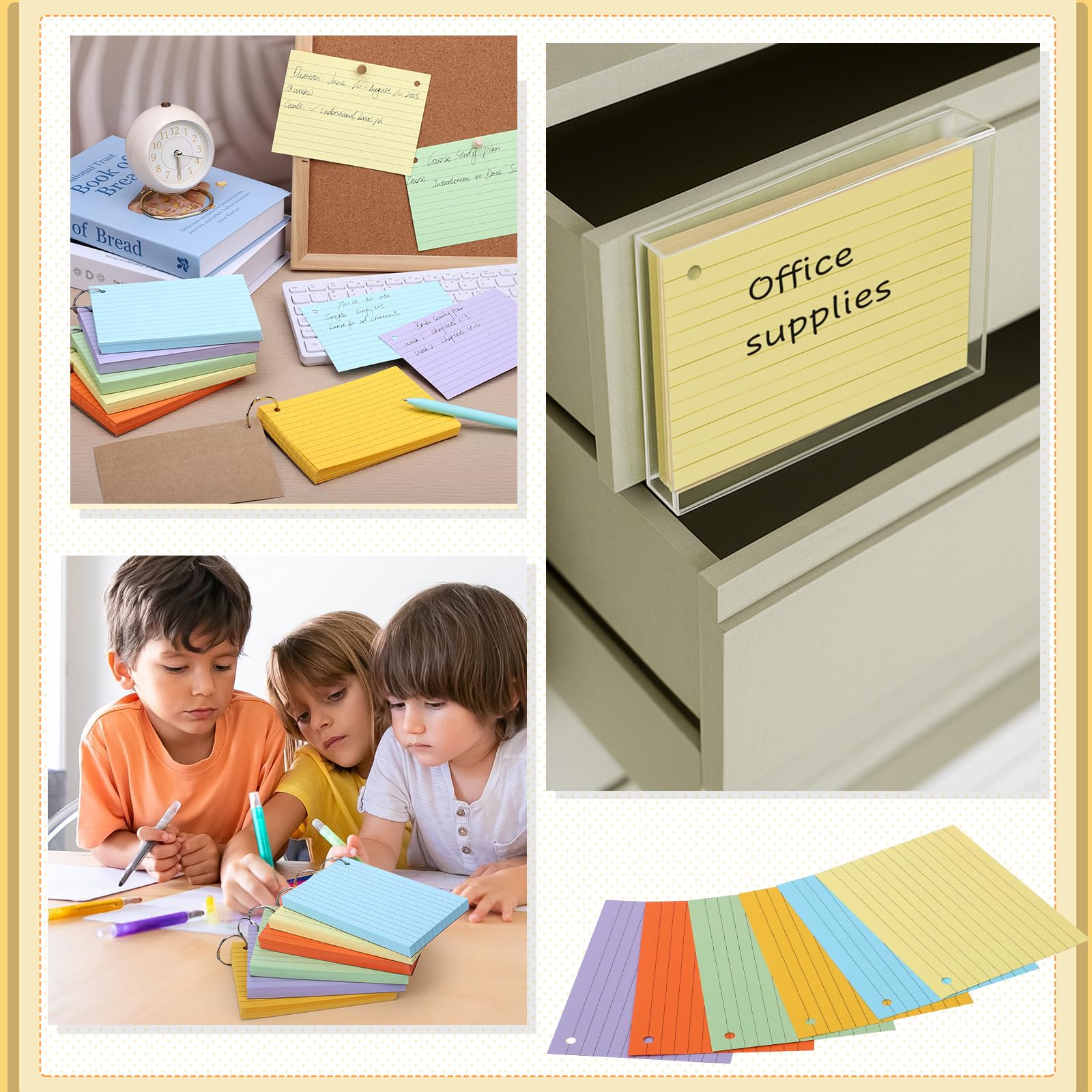 Flash Cards A6 Lignées 150 g/m² avec Couverture Kraft Anneaux de Reliure Cartes de Révision Multicolores (14,8 x 10,5 cm)