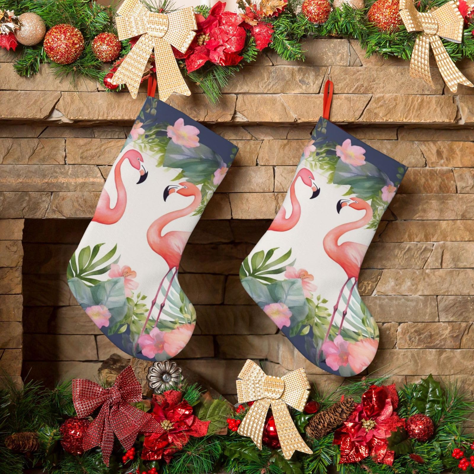 KLOPH Christmas Stockings 18" Personalized Xmas Stocking Flamingos and Flowers Decoration Stocking Hanging Fireplace Stocking for Holiday Xmas Tree Christmas Fireplace Decor