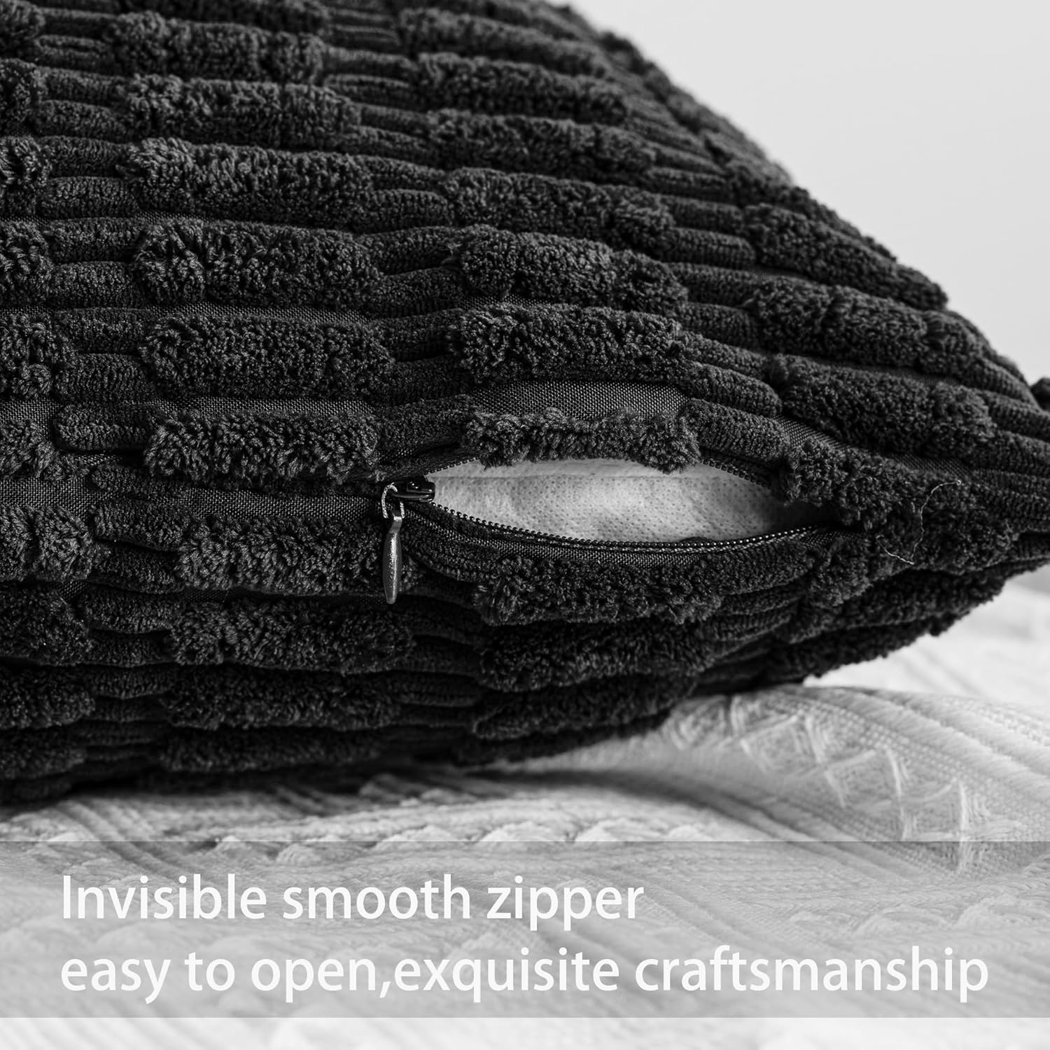 Pack of 2 Corduroy Decorative Throw Pillow Covers 20x20 InchSoft Striped Pillow Covers Modern Farmhouse Home Decor for Sofa Living Room Couch Bed(Black) - Image 3