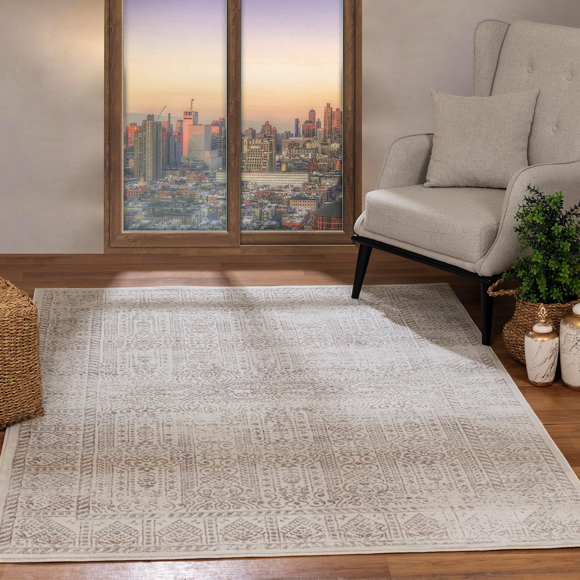 Livabliss DANIA Vintage Oriental Boho Tan/Grey Area Rug - 120 x 170 cm - Brown - 100% Polypropylene