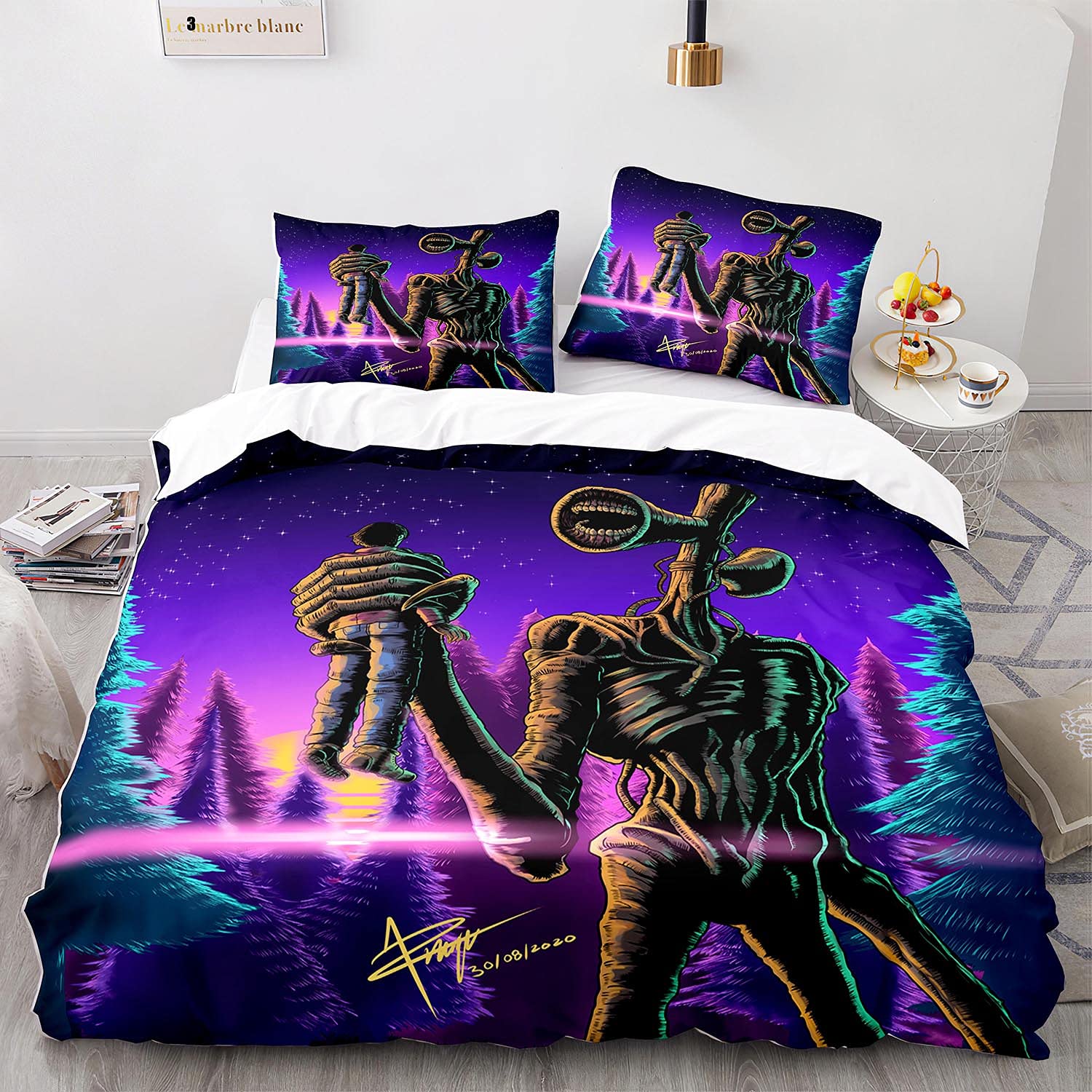 NICHIYOBI Siren Head Duvet Cover Bedding Set - Duvet Cover and Pillowcase, Microfibre, 3D Digital Print Three-Piece Bedding (6, Single 135 x 200 cm)