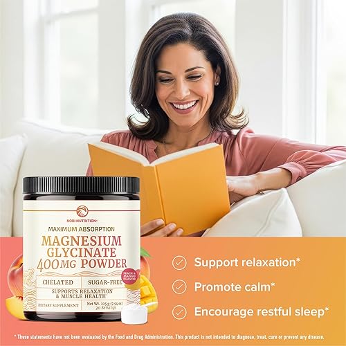 Miniatura 3 de Polvo de glicinato de magnesio de 400 mg  Apoyo para dormir y relajación, sabor melocotón y mango, sin azúcar, polvo de magnesio quelado de alta
