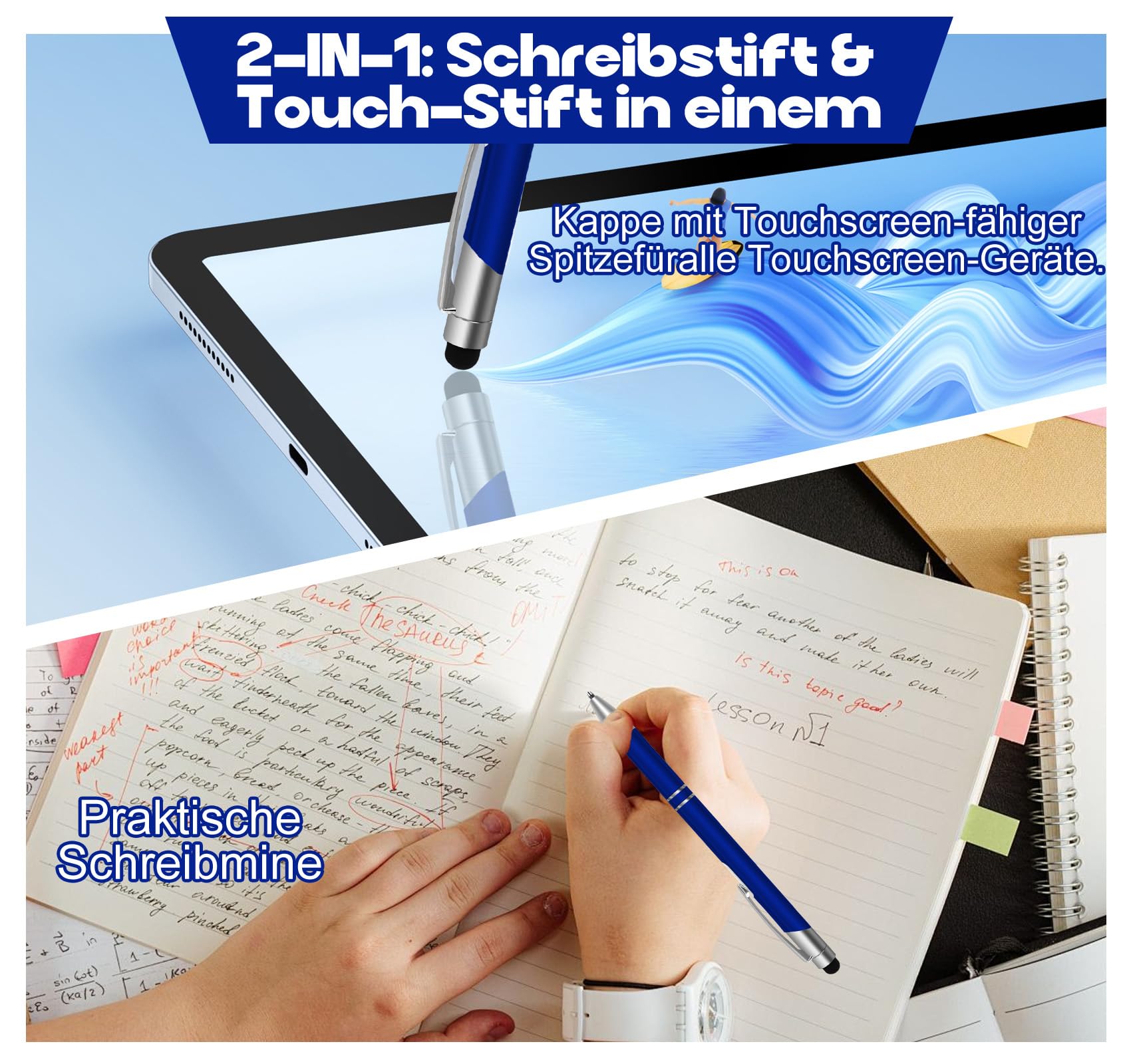 500 Stück Kugelschreiber mit Touchpen,1,0 mm Kugelschreiber Blau,Hochwertig Stift Set für Schreiben, Bürobedarf für Schule und Geschäft,Tinte: Blau