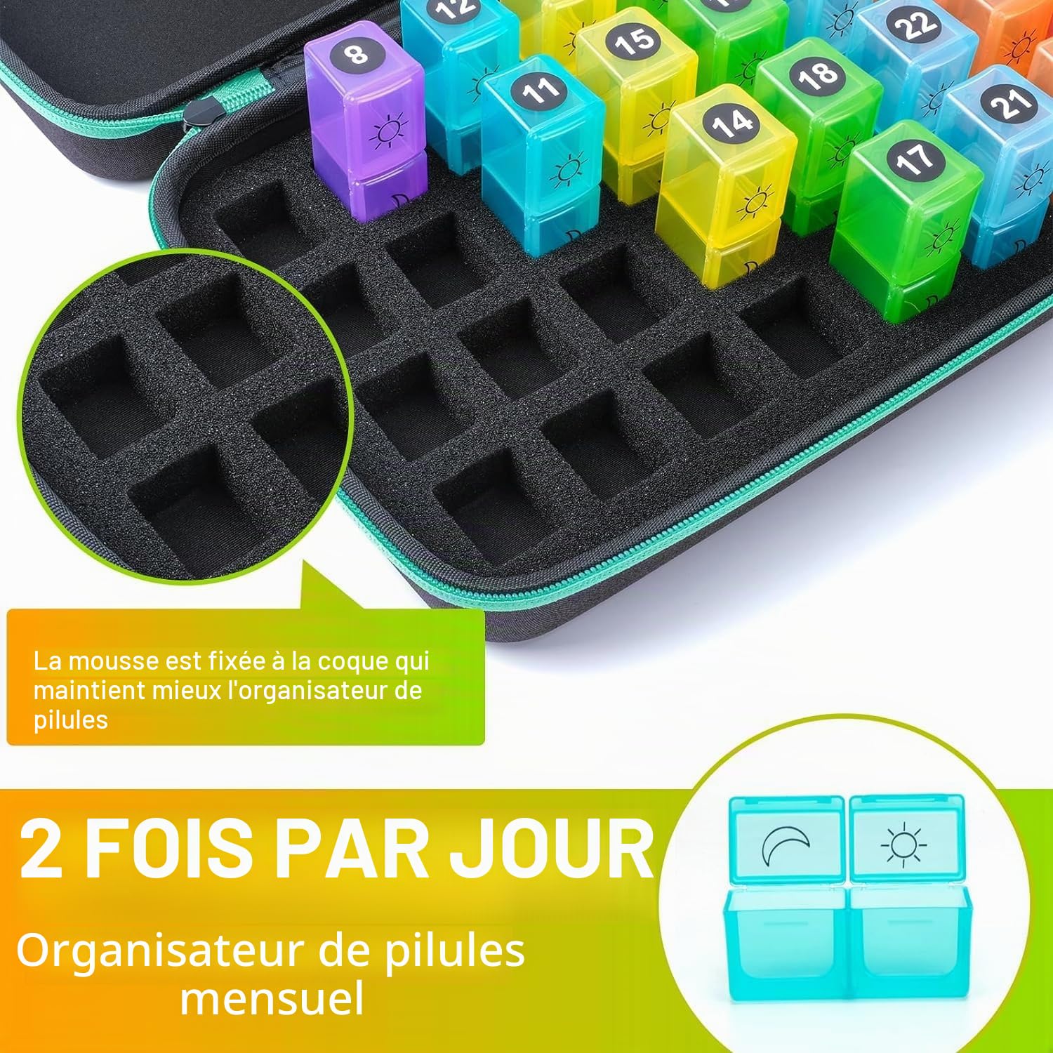 Pilulier mensuel 2 fois par jour, pilulier mensuel avec 32 compartiments quotidiens, pilulier de 30 jours avec étui de voyage rigide, étui à vitamines + sac de rangement portable pour 7 jours