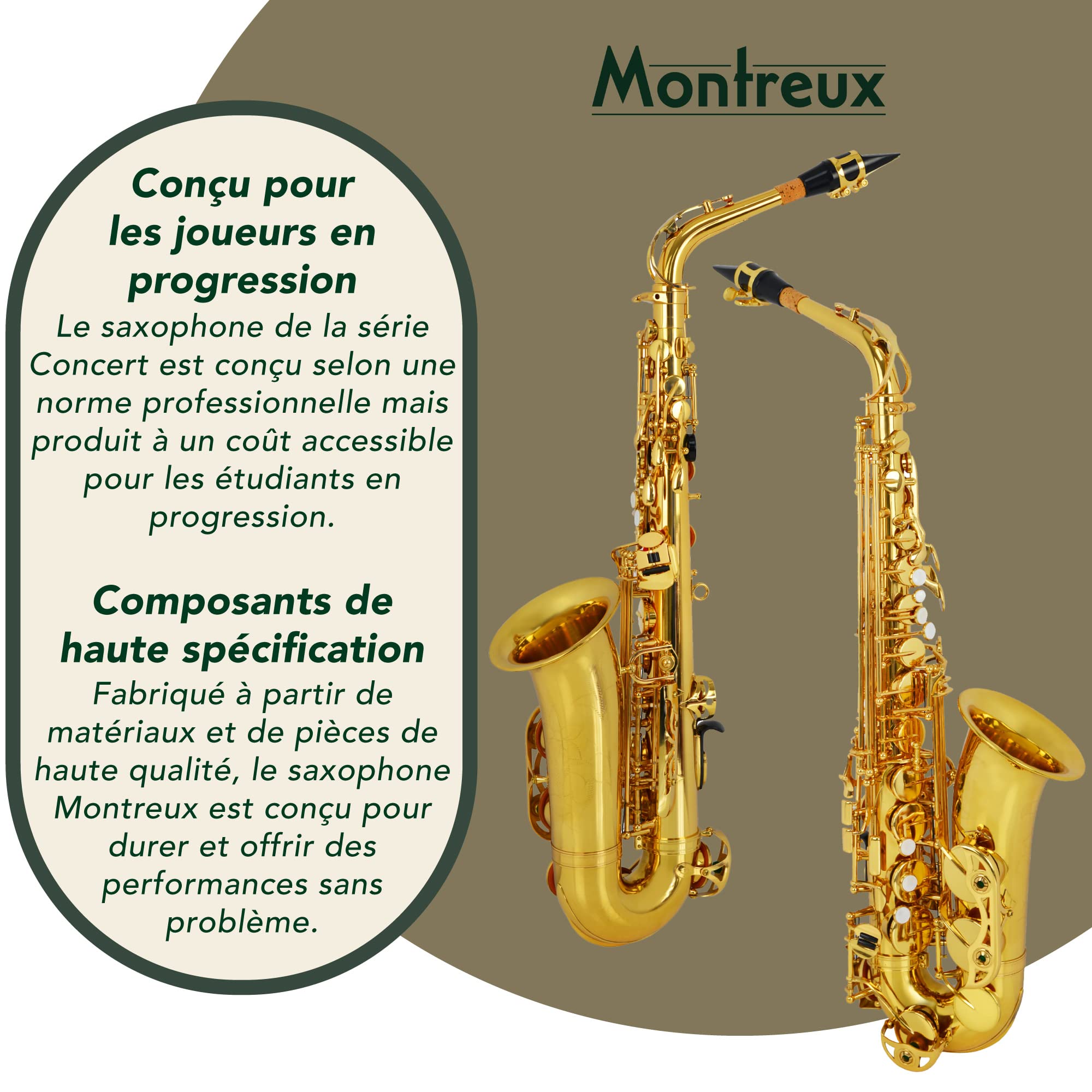 Montreux Série De Concerts Saxophone alto Mib avancé intermédiaire avec étui de transport haut de gamme, embouchure, anche, sangle de cou - Laiton laqué, clé de fa # aigu, mi bémol
