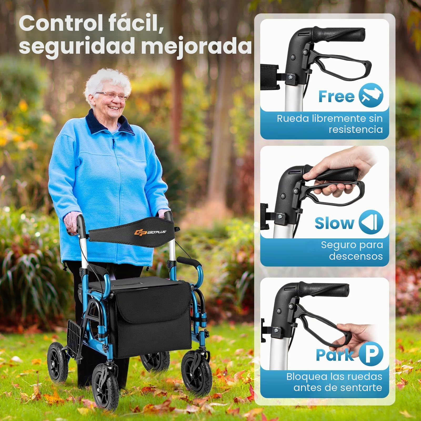 FANTASK Andador 2 en 1 para silla de ruedas y de viaje, de aluminio con diseño plegable, color negro con sistema de ajuste de altura, silla de ruedas con bolsa y soporte para bastones (azul)