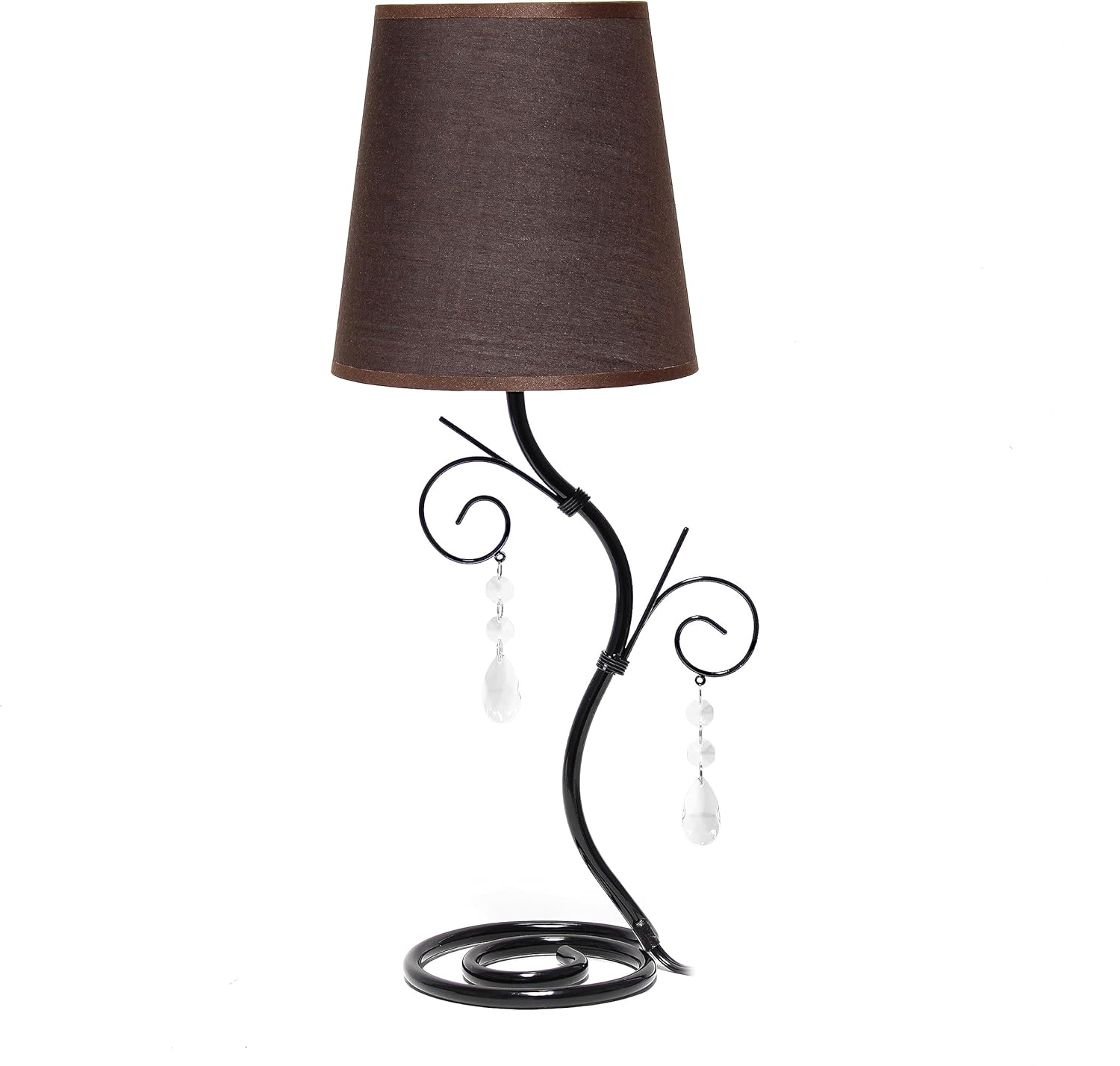 Simple Designs LT1142-BWN Scroll Wire Metal Table Lamp with Dangling Crystals and Matching Fabric Shade for Entryway, Living Room, Hallway, Bedroom, Office, Brown