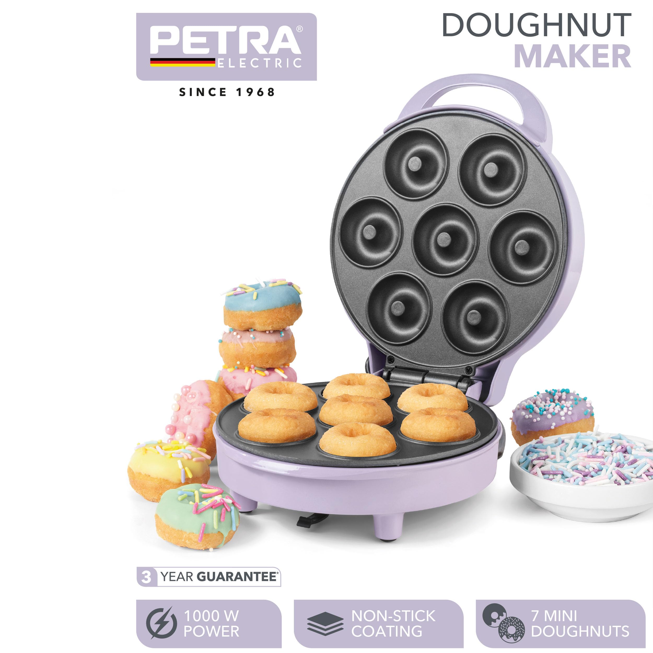 Petra Machine à Beignets 1000W, Appareil pour 7 Mini Donuts avec Plaque Antiadhésive, Machine à Pâtisserie avec Contrôle de Température, Voyants Lumineux, Facile à nettoyer, Violet Pastel