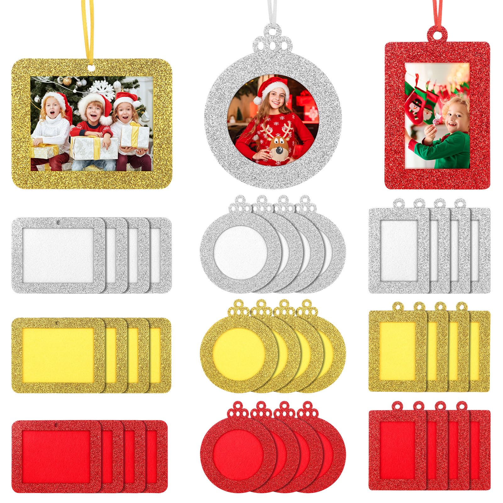 HunnmingRe 72 Pcs Glitter Photo Frame Ornaments Bulk Christmas Tree Decorations Sublimation Blank Ornament Mini Felt Picture Hanging Frame Ornament Xmas Gifts 2025 for Holiday Party Favors
