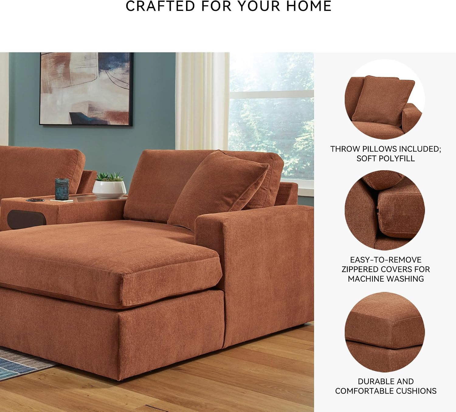 Signature Design by Ashley 6-Pc Sectional with Audio Console and Chaise | Family-friendly seating in performance fabric, Modular sectional couch with speaker and storage console, Modmax Series