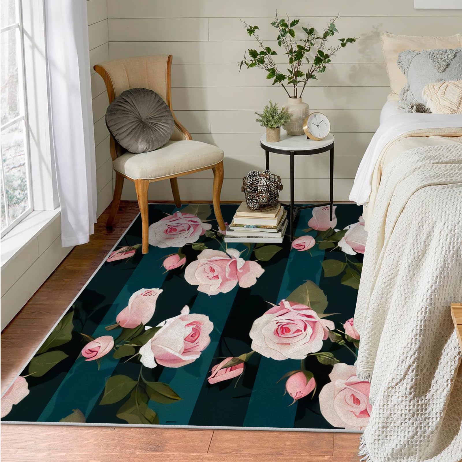 Teppich Quadratisch 150x150 Rosen Teppich Kurzflor Waschbar in Waschmaschine Grün Streifen Teppich Gegend rutschfest Dünn Saugfähig für Wohnzimmer Schlafzimmer Küchen
