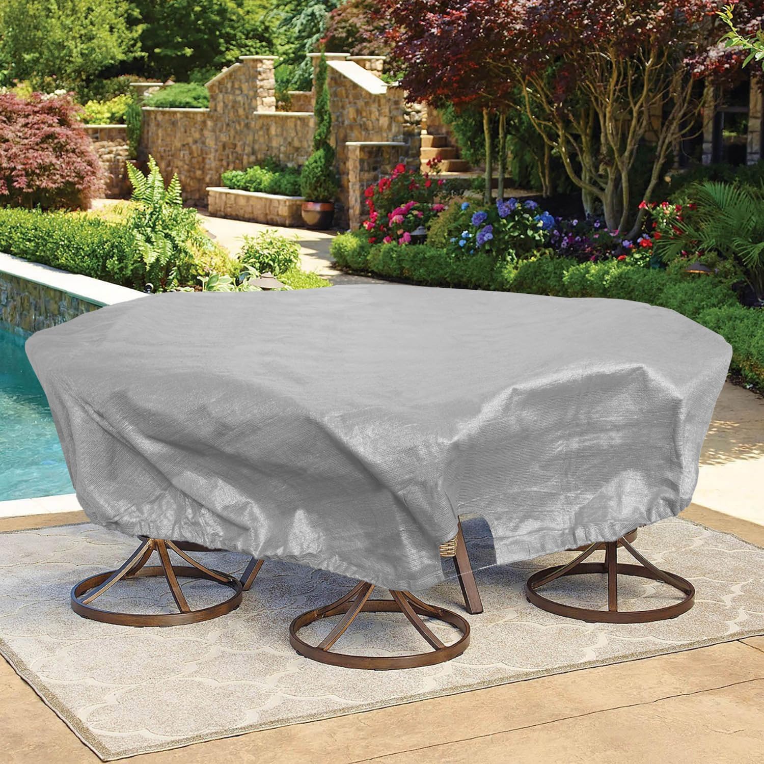 Bynbbur 14 FT Patio Furniture Cover with Wire Rope Hemmed All Edges, Round Pool Covers for Above Ground, UV Resistant Tarp for Deck Seat Couch Patio Table Chair Set Cover, Gray