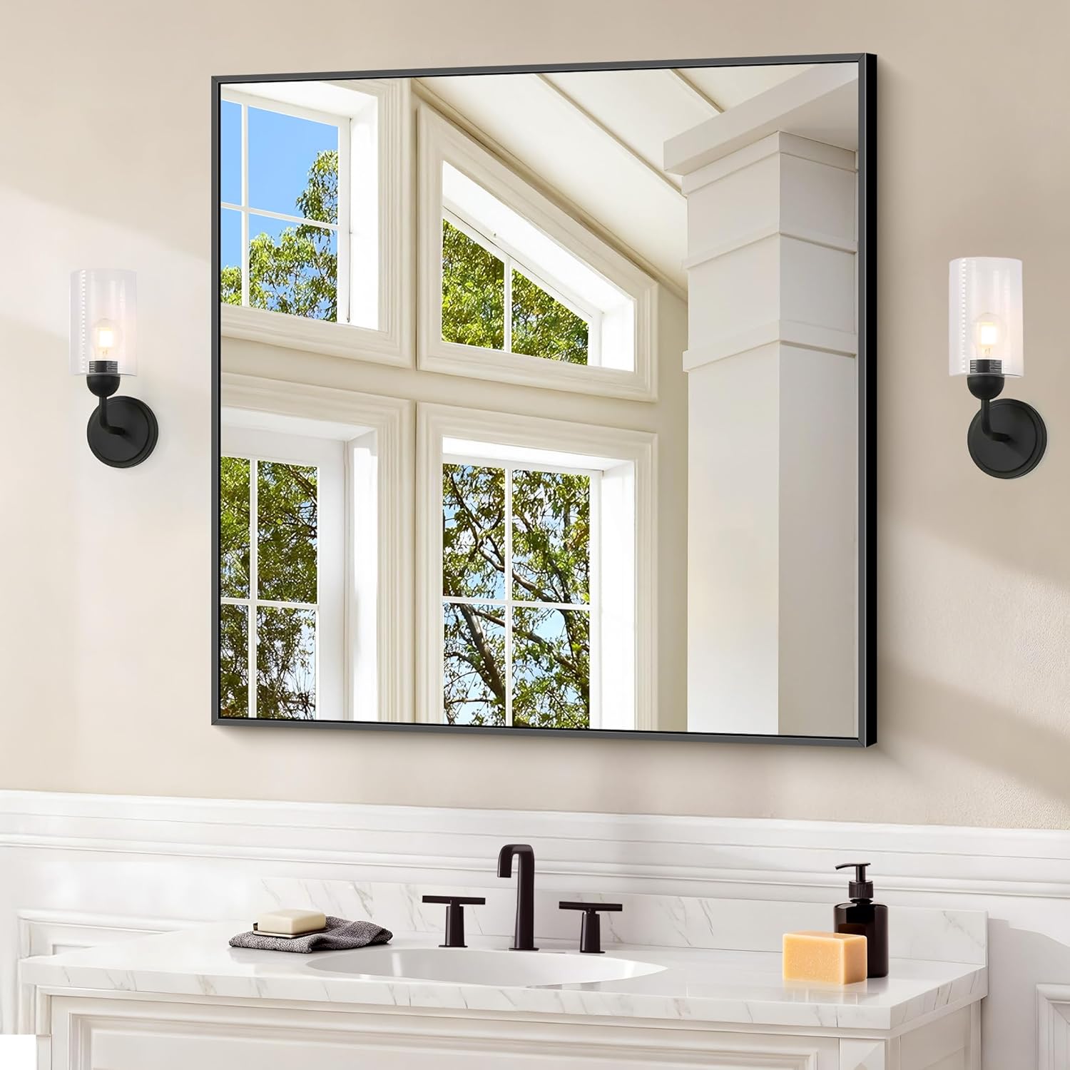 Black Bathroom Mirror for Wall, 30x30 Inch Rectangle Mirrors with Metal Frame, Modern Vanity Wall Square Mirror for Bathroom Living Room, Entryway Hangs Horizontal or Vertical Black 30"L x 30"W