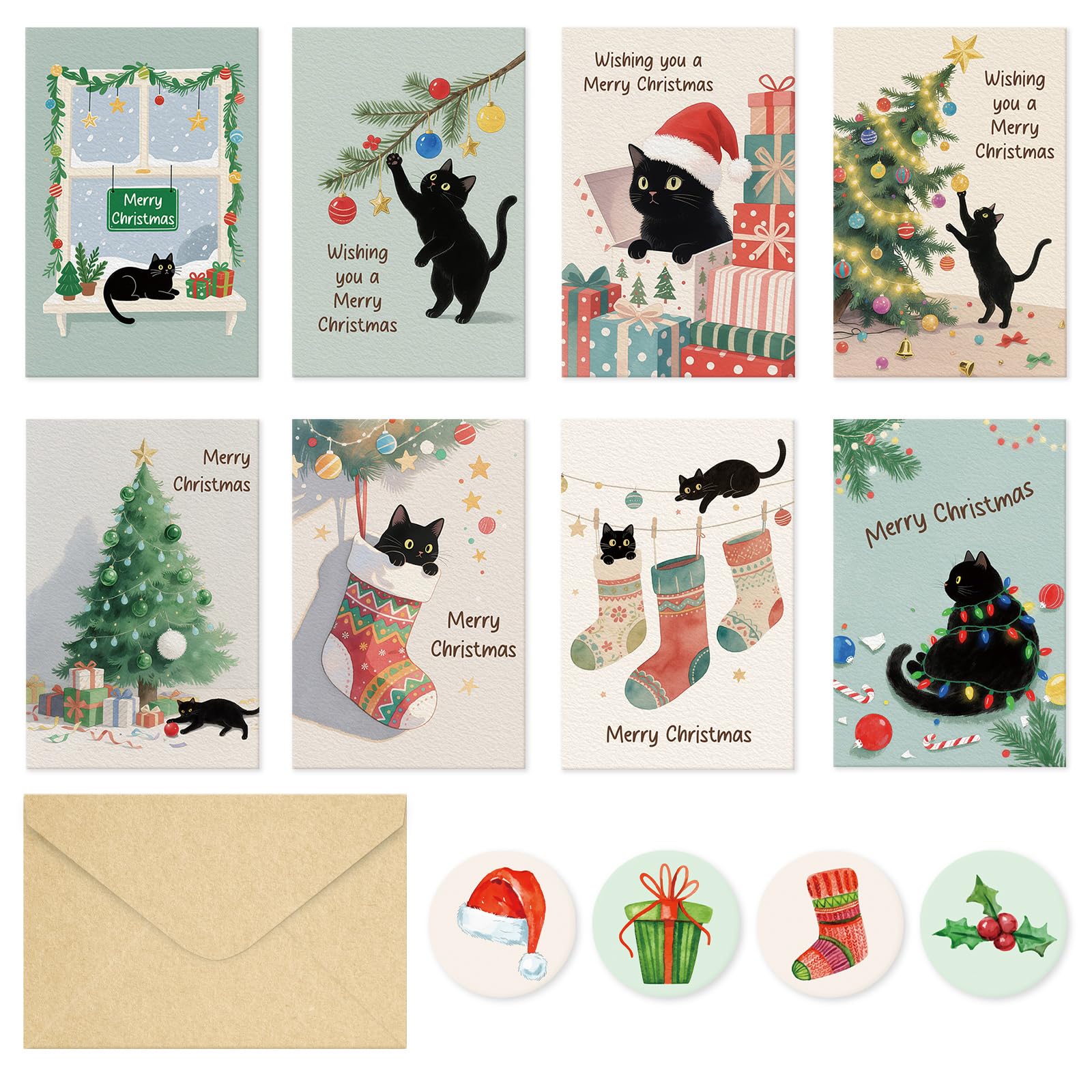 SuperShunhu Weihnachtskarten mit Katze, blanko, für Katzenliebhaber, festliches Urlaubsgrußkarten-Set mit Umschlägen und Aufklebern, 10,2 x 15,2 cm, 24 Stück