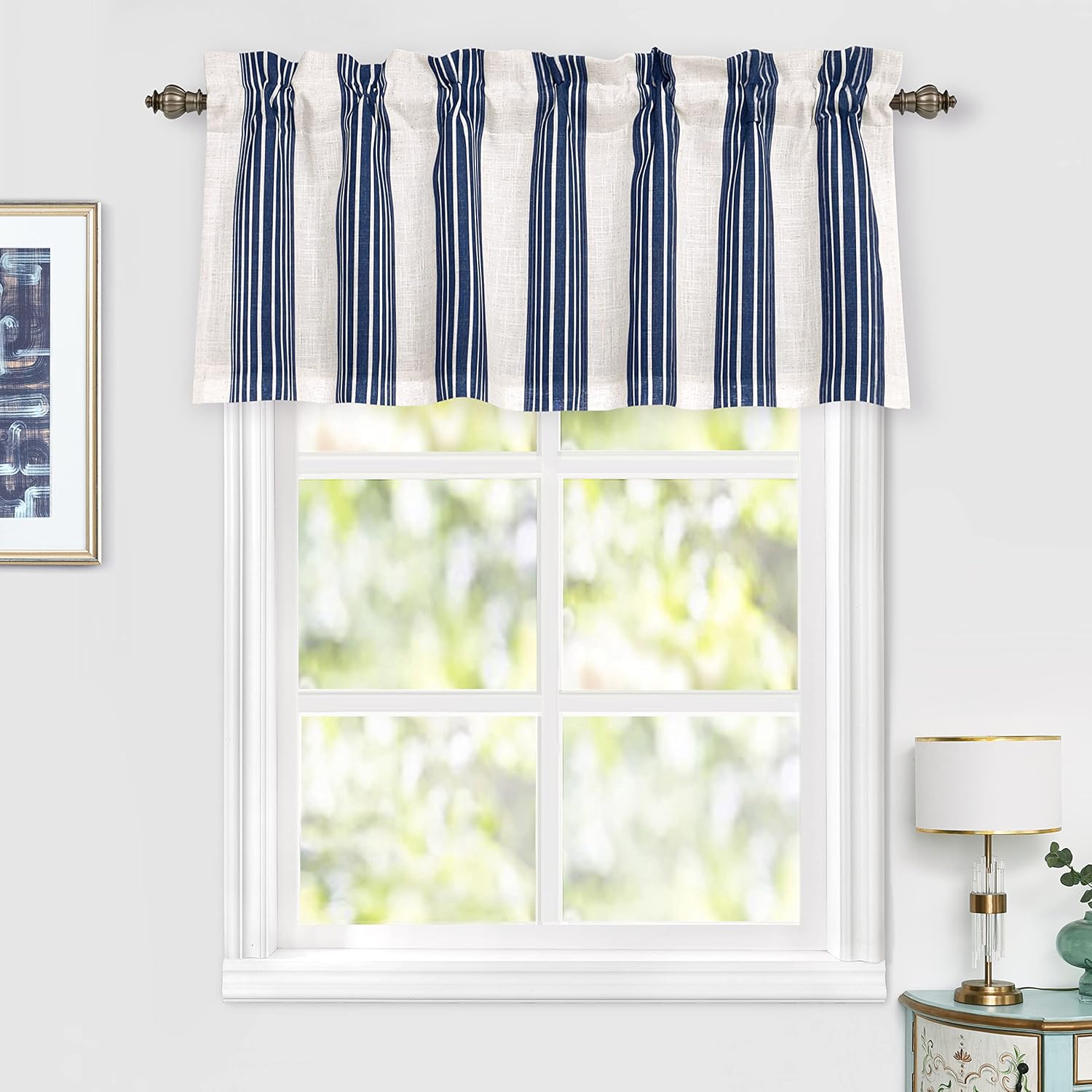 Driftaway Chris Linen Lined Valance Double Layer Thermal Insulated Room Darkening Blackout Window Valances 3 Inch Rod Pocket Vertical Striped Kitchen Valance for Bathroom 52 by 18 Inch Ivory Dark Blue