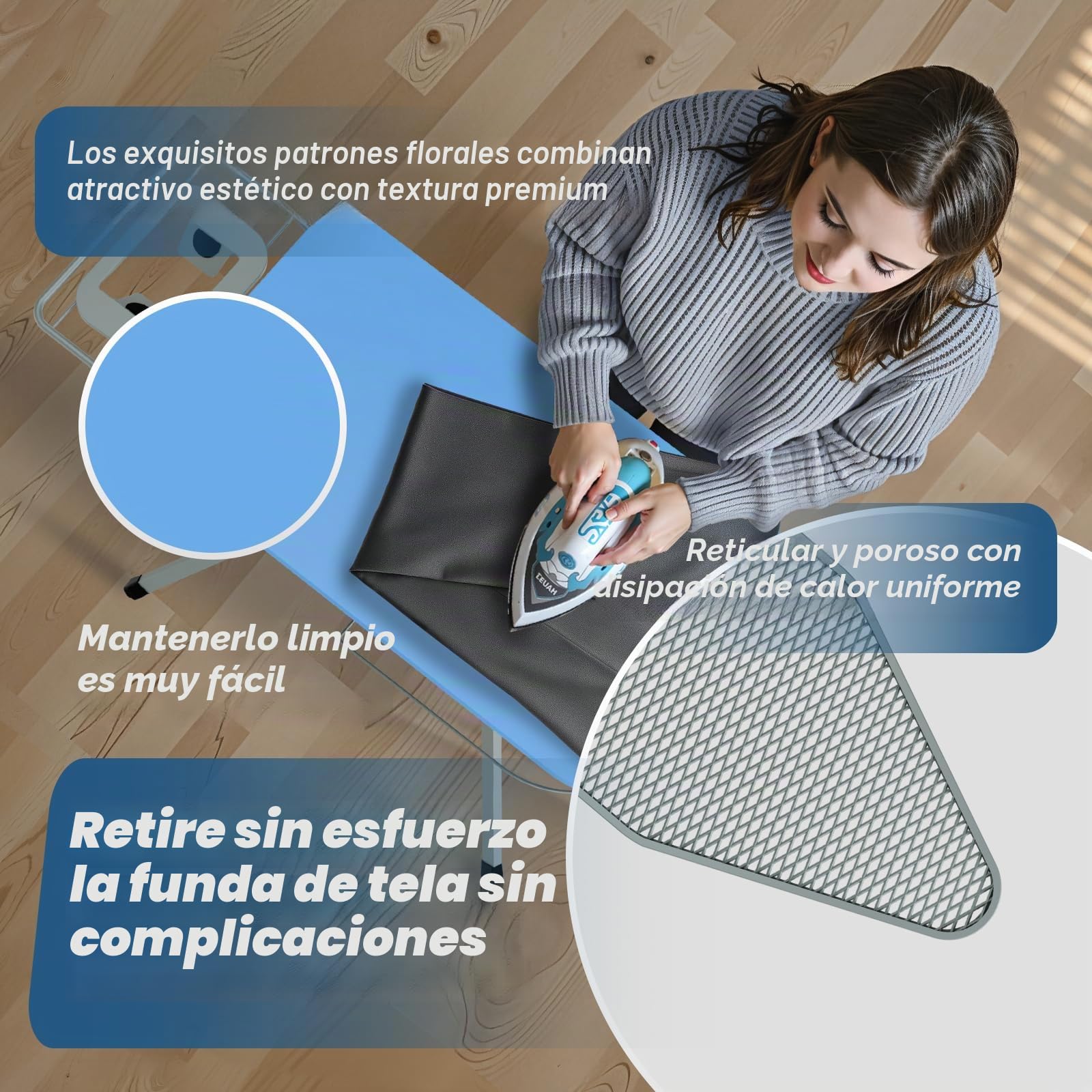 TEENO Tabla De Planchar Plegable 120 x 45 cm, Compatible con Plancha De Vapor, Cerradura Segura,7 Ajustes De Altura,100% Algodón,Soporte De Plancha Integrado, Universal para Hogar/Lavandería(Azul)