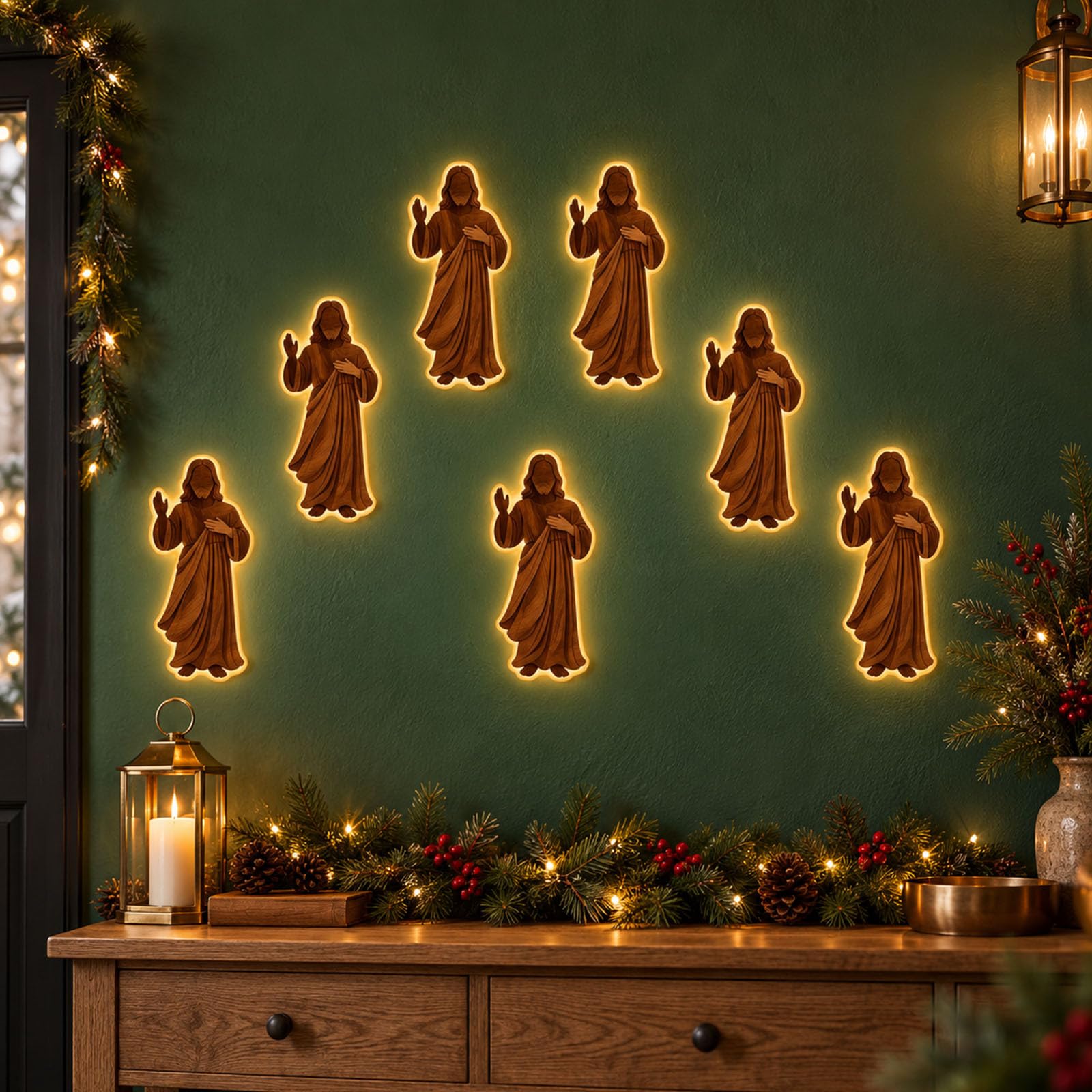 7pcs 3D Light Up Wooden Jesus Christmas Wall Decor with Warm LED
